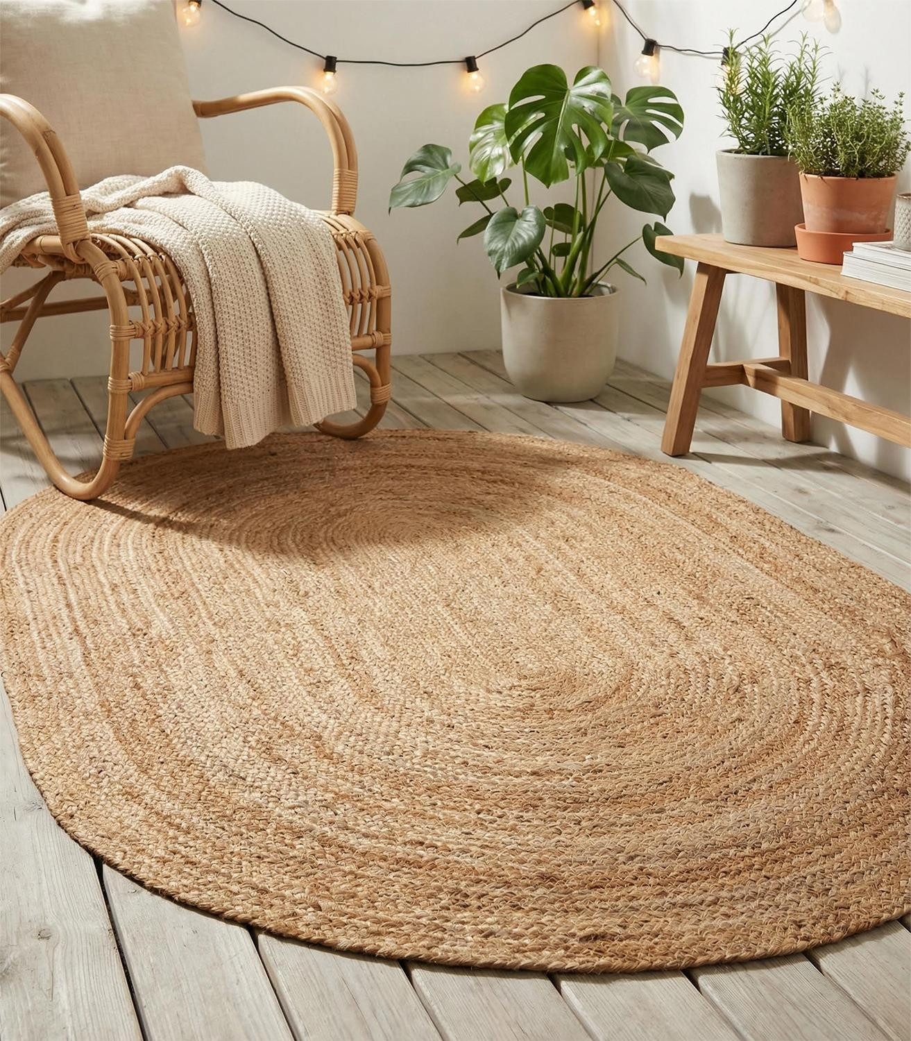 Home4You Teppich Handwebteppich, 160 x 230 cm, Braun, Jute, oval, handgewebt
