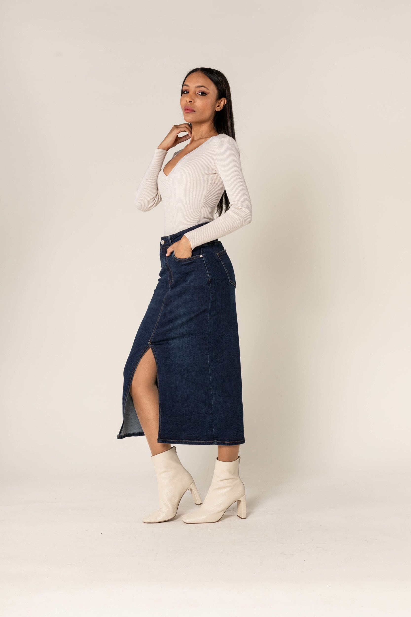 Nina Carter Sommerrock Langer Jeansrock mit Schlitz Stretch Denim Midi Rock 7554 in Dunkelblau