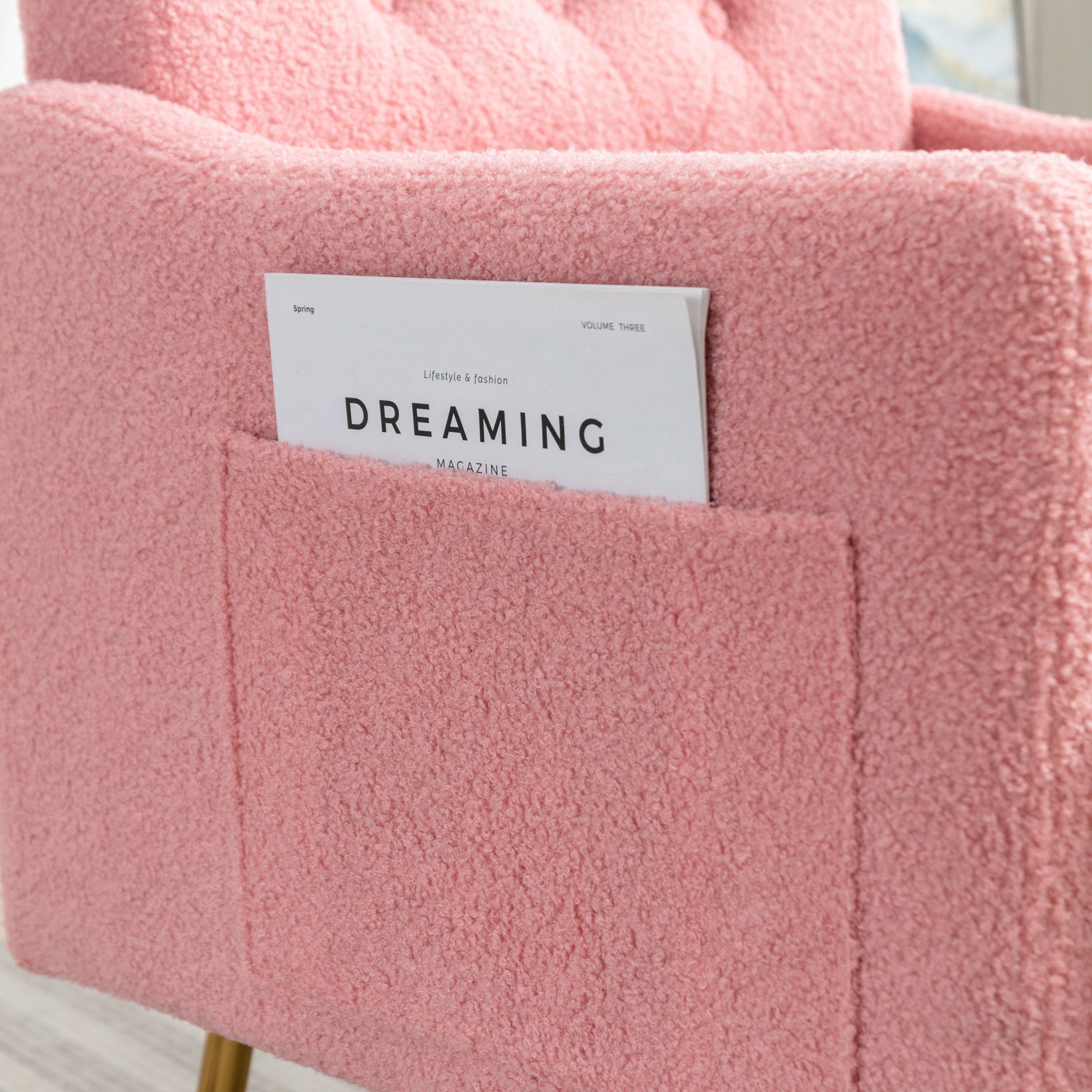 OKWISH Sessel Relaxsessel, Relaxstuhl, Sessel), Lesen bequemer Teddy-Samt-Stuhl Wohnzimmerstuhl, Entspannen, goldene Reißverschluss-Design bequemer zum rosa mit geeignet Sessel, Metallbeine, (Wohnzimmerstuhl, oder