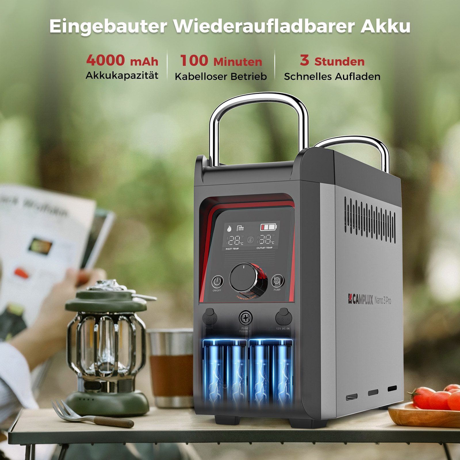 CAMPLUX Durchlauferhitzer 3 Liter LPG Propan Nano 3 Pro-DE, 50 mbar, min. 20 °C, max. 50 °C, Mobiler Durchlauferhitzer mit Wasserpumpe und Griff 12V Campingdusche