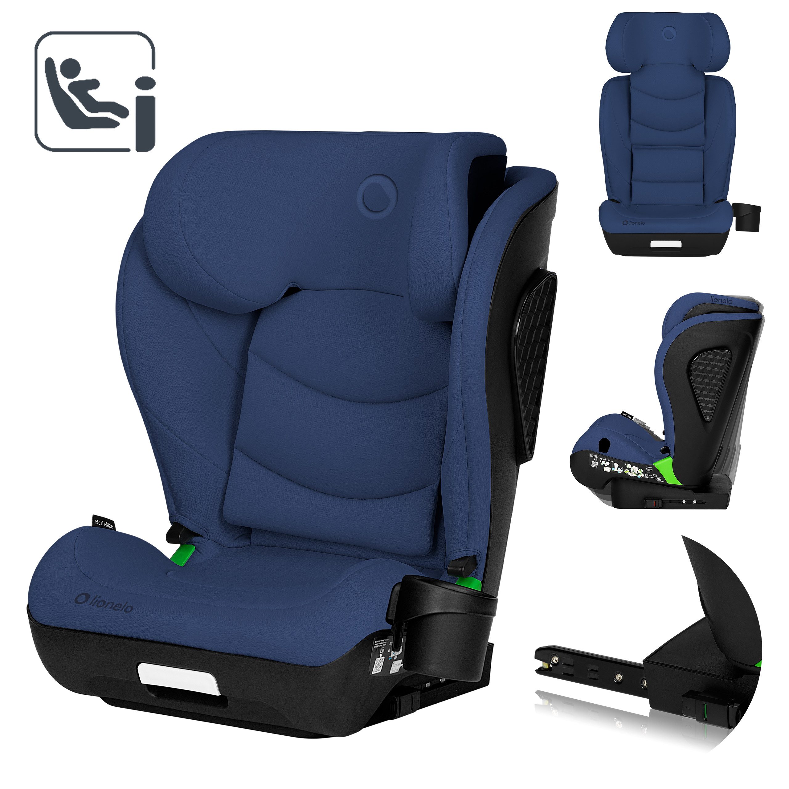 lionelo Autokindersitz NEAL I-SIZE, ab: ca. 3,5 Jahre (entsprechend einer Körpergröße ab 100 cm)., bis: ca. 12 Jahre (entsprechend einer Körpergröße bis 150 cm)., ab: 100 cm, bis: 150 cm, (Set mit Getränkehalter und Isofix-Adapter), Isofix&Gurt/Waschbarer