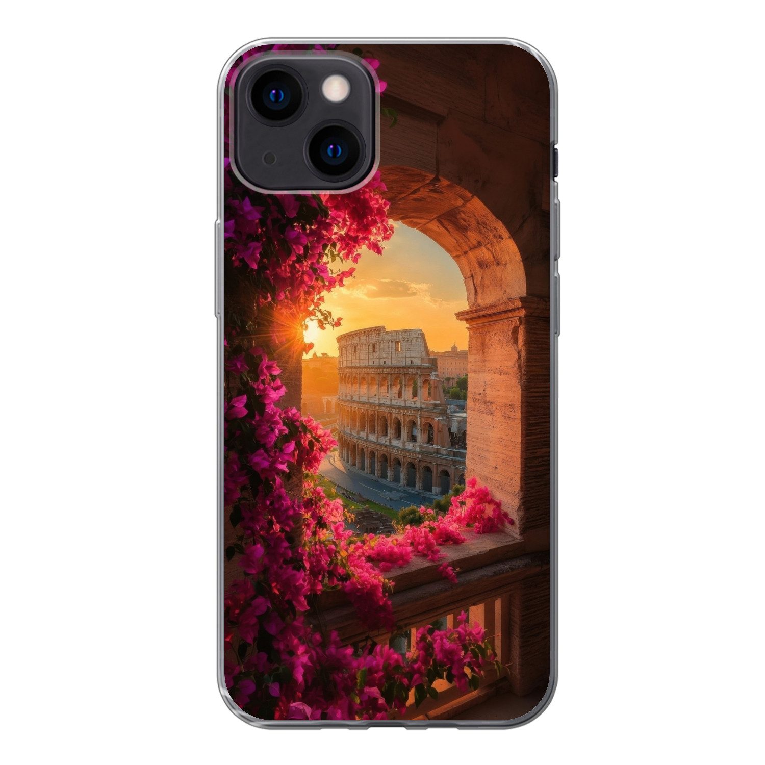 MuchoWow Handyhülle für Apple iPhone 13 Kolosseum - Rom - Rosa Blumen, Smartphone-Bumper, Print, Handy Schutzhülle Dünn