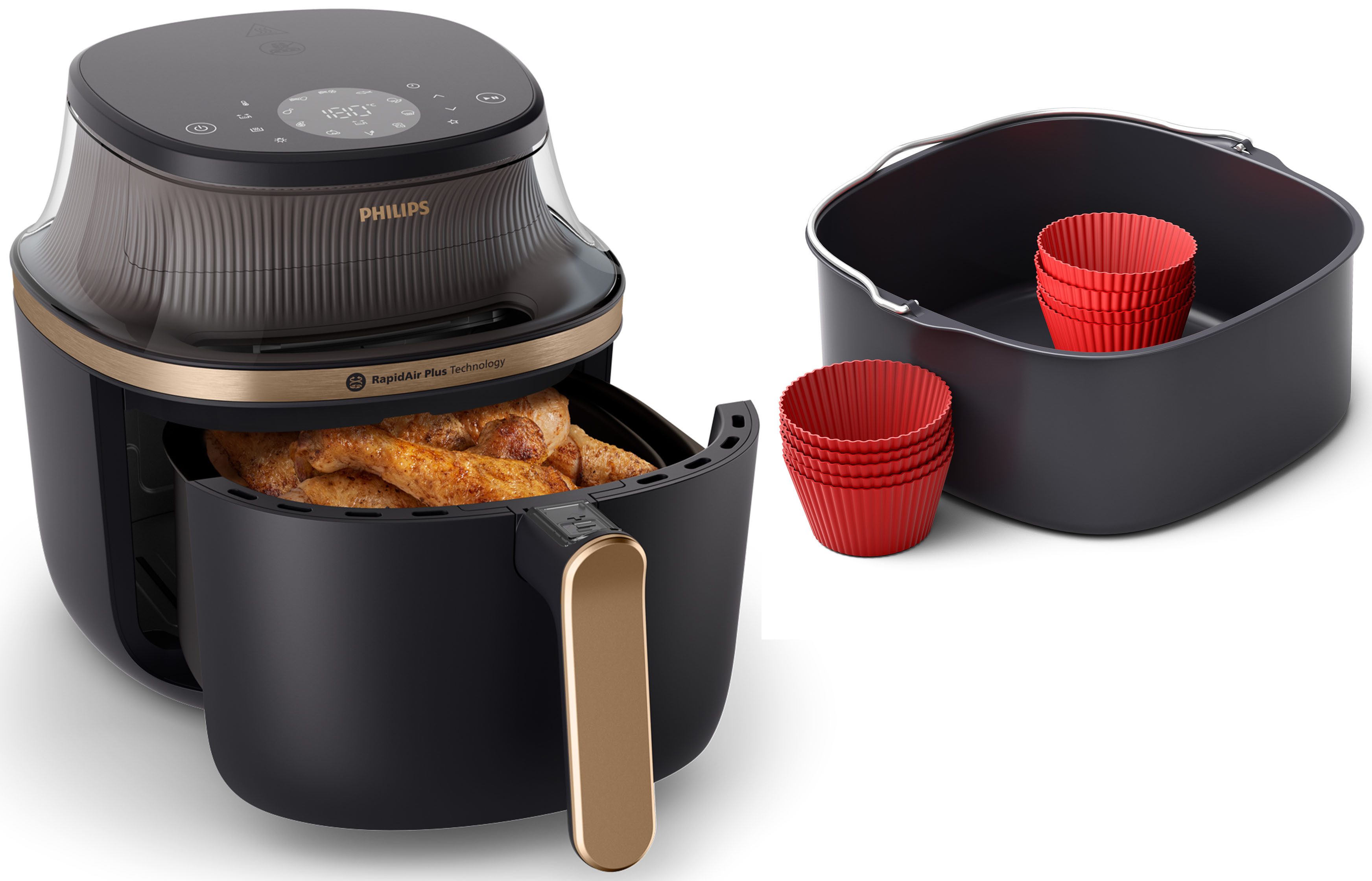 Philips Heißluftfritteuse Airfryer 3000 NA342/00, mit 7.2L, Sichtfenster, 2000 W, RapidAir Plus Technologie und 16 Kochfunktionen; Schwarz/Kupfer