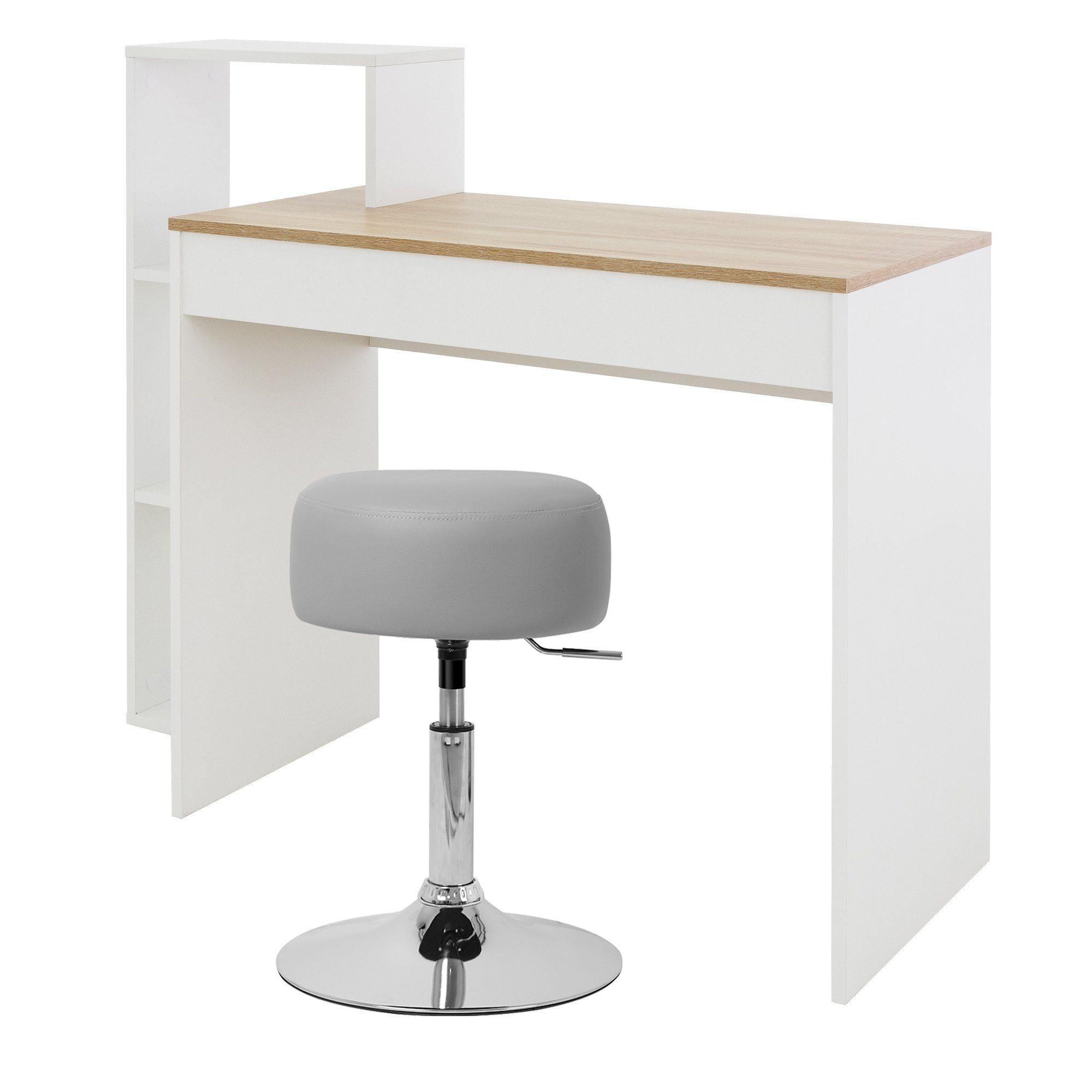 Schreibtisch ML-DESIGN Sitzhocker Schreibtisch Weiß/Sonoma-Eiche, Weiß/Sonoma-Eiche Einlegeböden 110x72x40cm Hellgrau 110x72x40 cm Ø33cm