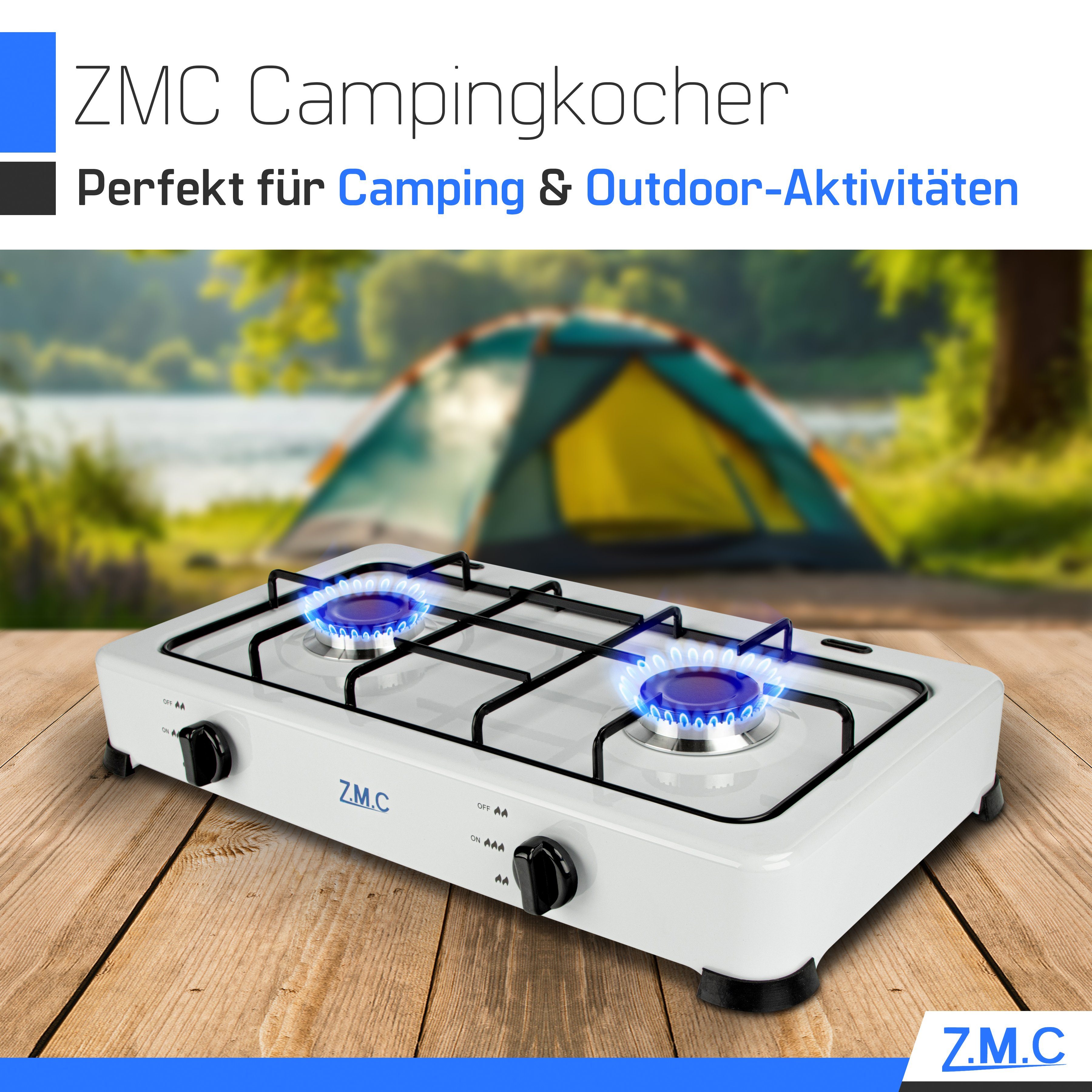 ZMC Gaskocher Tragbarer Gaskocher Campingkocher 2-flammig inkl. Schlauch  und Regler, 2,2 kW 50 mBar Outdoor Gasherd Kochfeld Herd Propangas  Tischkocher