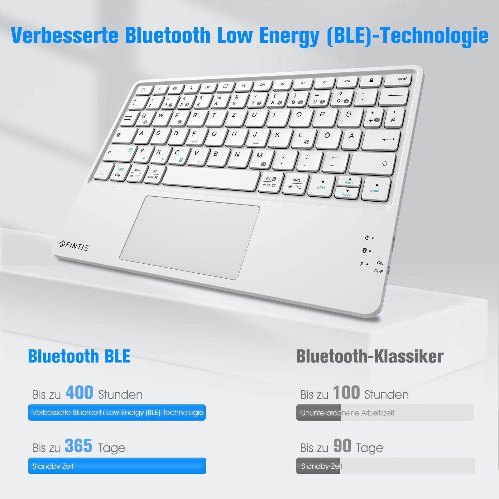 iPad, (für Tastatur Deutsch iPhone, Tastatur Touchpad, Tablets, Kabellose Samsung, Layout mit Lenovo Smartphone, Fintie Tablet-Tastatur Android-Tablets) Bluetooth Weiß