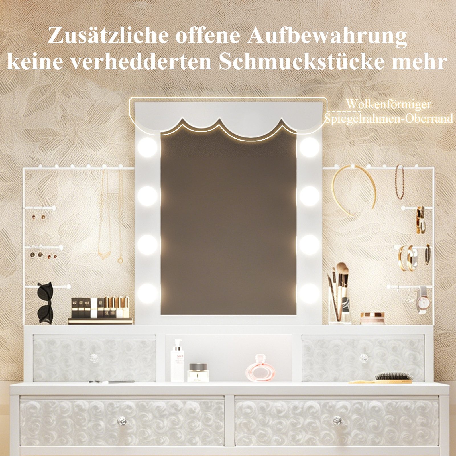 Patbrela Schminktisch mit beleuchtetem Spiegel, mit 3 Lichtmodi für Schlafzimmer, Seitliche Schmuckaufbewahrung