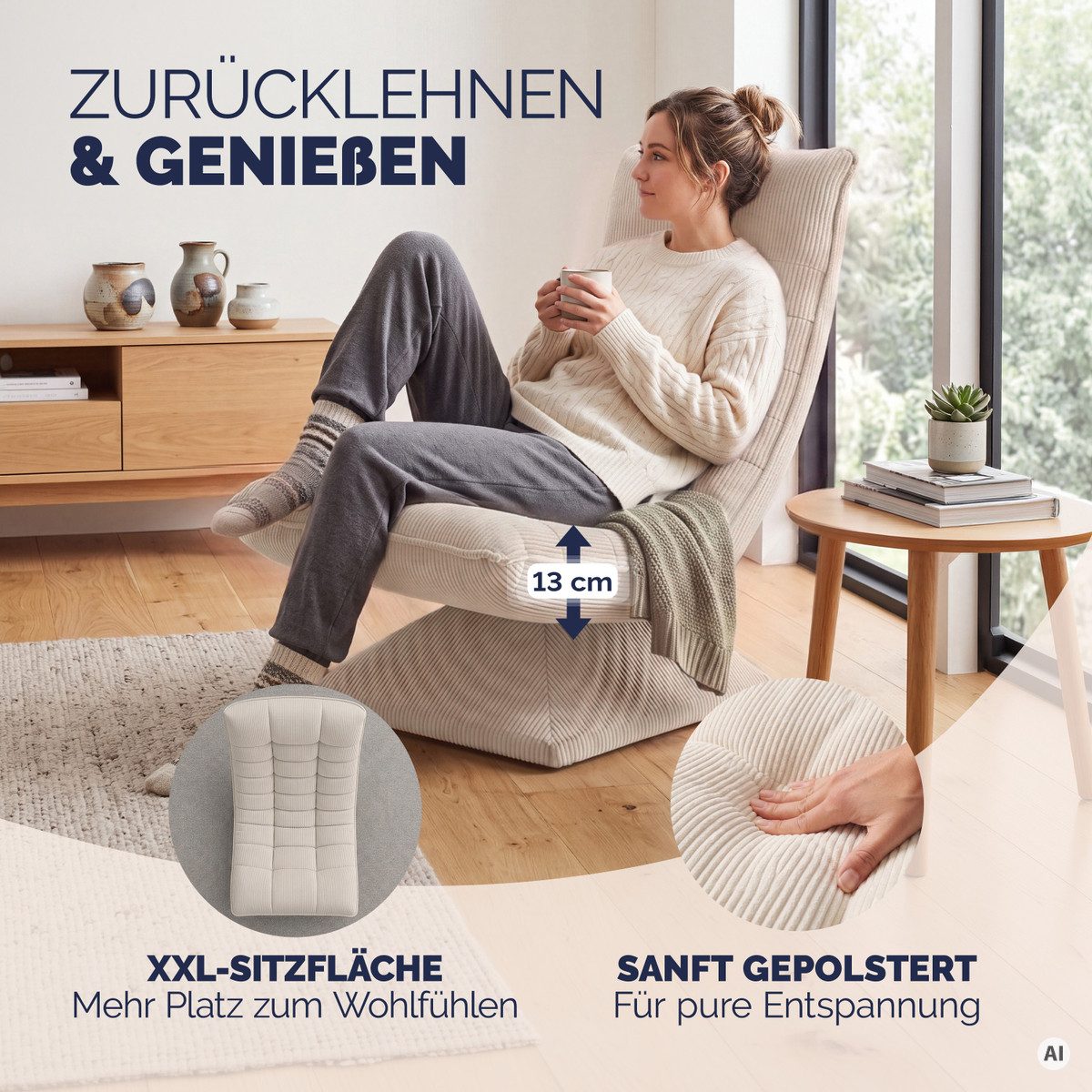 Casaria Relaxsessel Aberdeen Cord, verstellbare Lehne Drehbar Klappbar 150kg Belastbarkeit 60x105x87cm – Bild 2 von 5