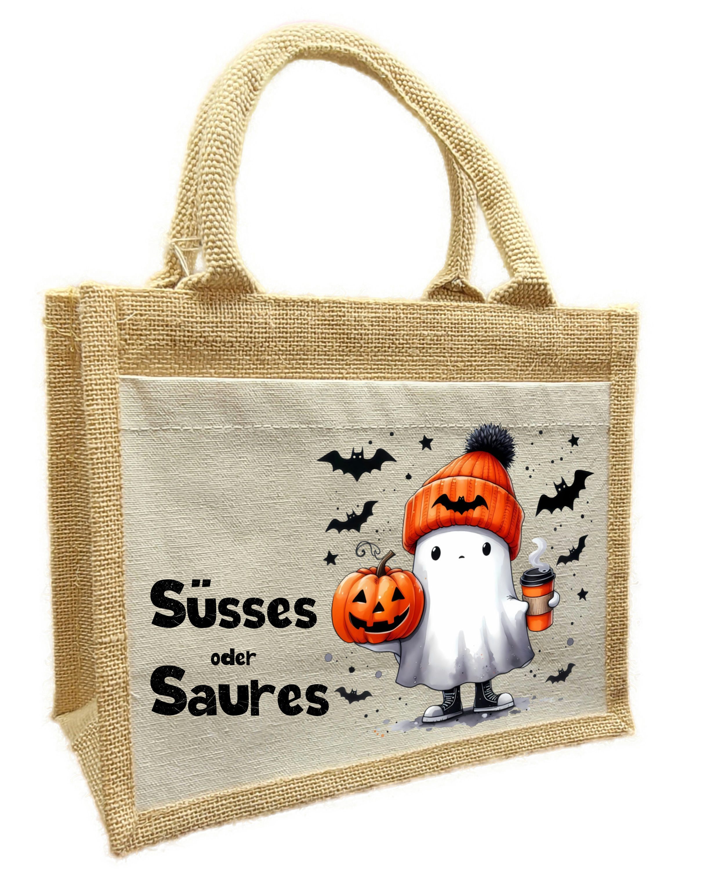 CreaDesign Korbtasche Halloween Tasche Geist Kürbis, Sammeltasche aus Jute, 26 x 35 x 14 cm (1-tlg)