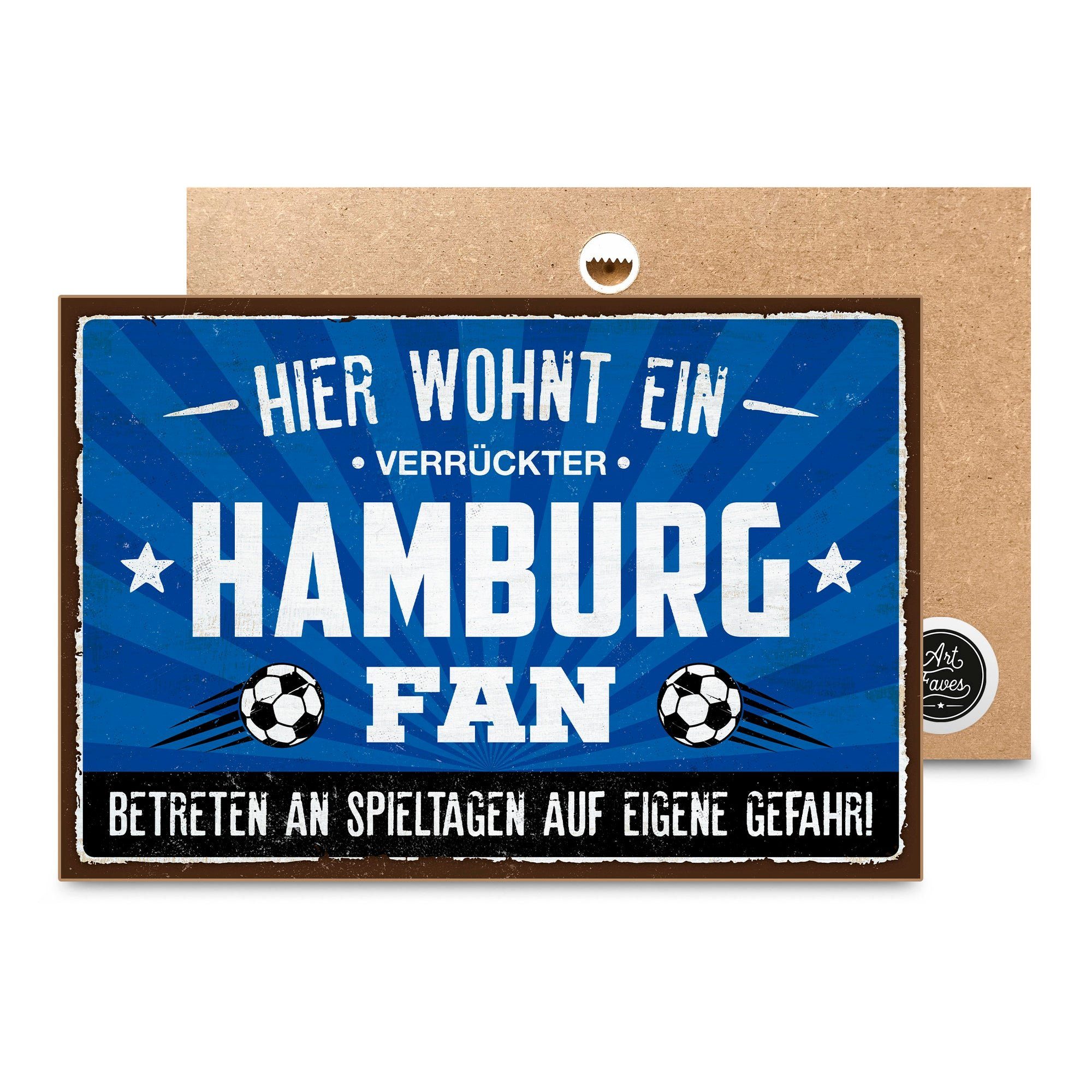 ARTFAVES Holzbild Holzschild mit Spruch - Hier wohnt ein verrückter HAMBURG Fan, Geschenk zum Thema Fussball