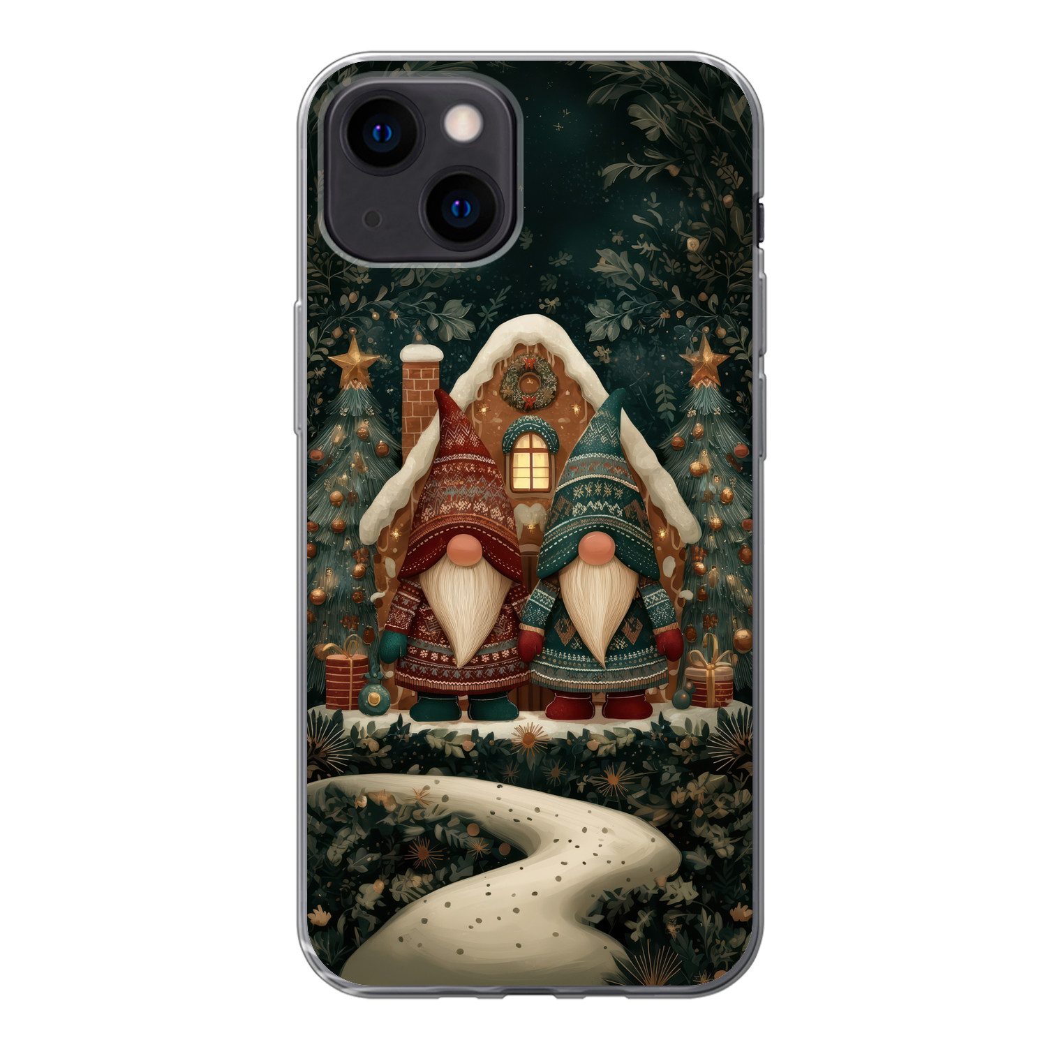 MuchoWow Handyhülle für Apple iPhone 13 mini Weihnachten - Wichtel - Lebkuchenhaus - Rot -, Smartphone-Bumper, Print, Handy Schutzhülle Dünn