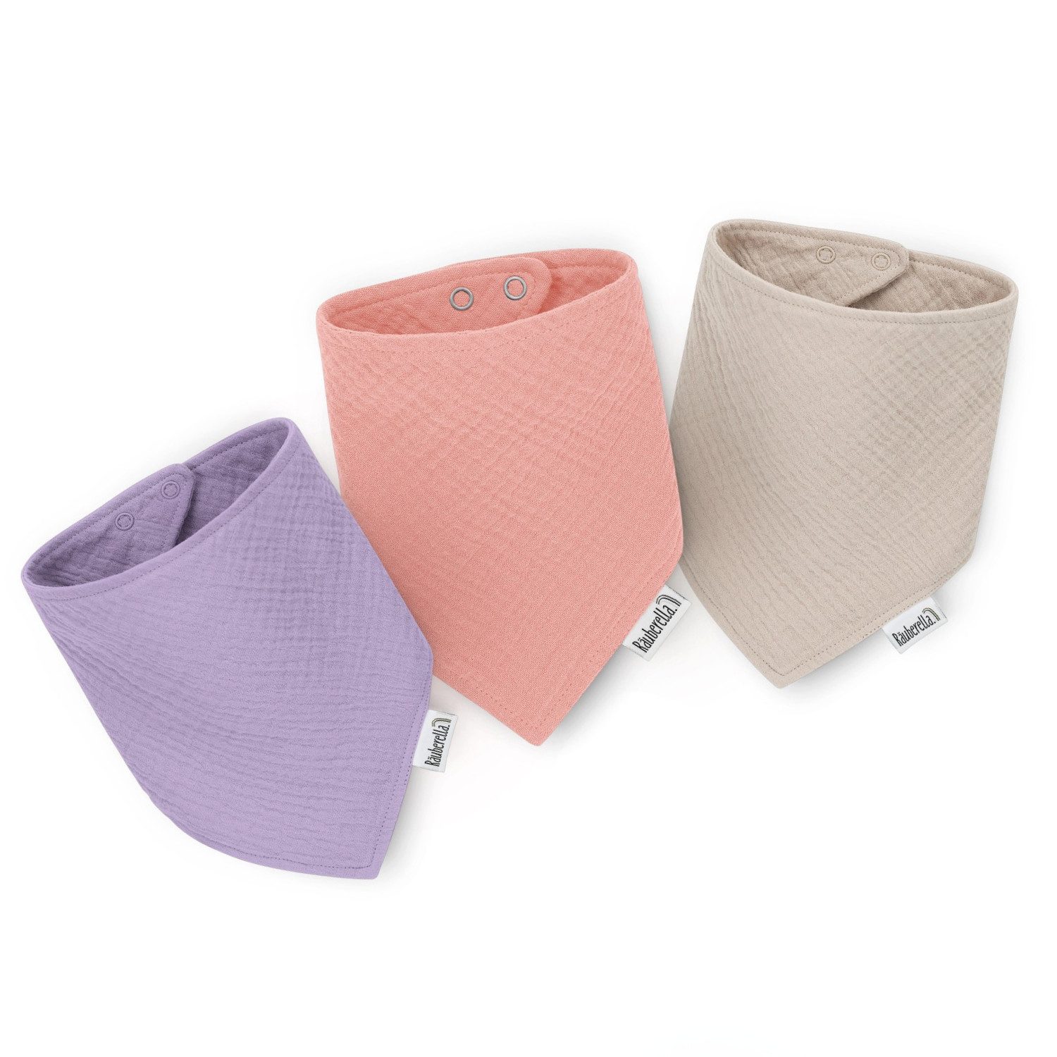 Räuberella Lätzchen 3er Set Musselin Lätzchen Flieder, Rosa & Beige, (3-St), GOTS-zertifiziert, perfektes Geschenk zur Geburt oder Taufe