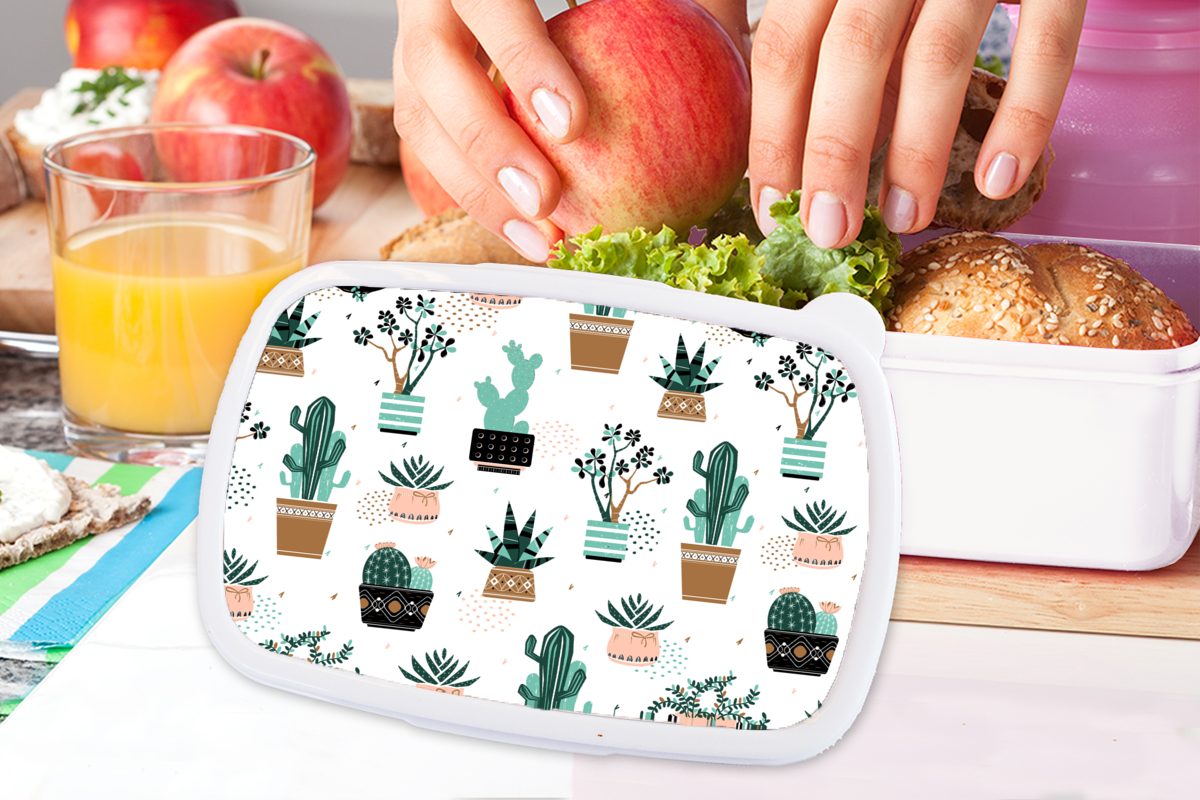 Brotbox - und MuchoWow - weiß und Muster Jungs Kinder Erwachsene, Kunststoff, für Brotdose, Pflanzen, Mädchen Kaktus (2-tlg), für Lunchbox