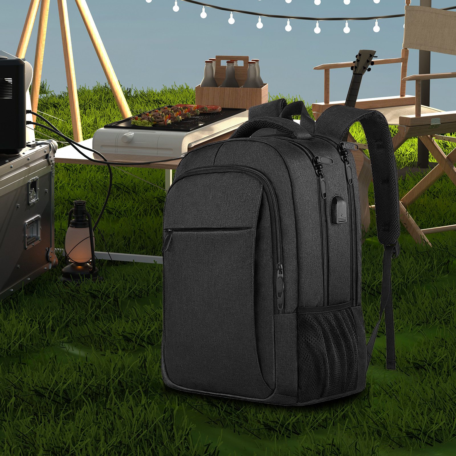 REDOM Laptoprucksack Schwarzer Laptop-Rucksack 17,3 Zoll für Business, Reise & Uni (USB-Anschluss, versteckt Anti-Diebstahlfach, Kofferband Laptopfach, 1-tlg., Anti-Diebstahl, mit Koffergurt), 15 Fächer, wasserabweisendes Oxford-Gewebe, atmungsaktive Gurte