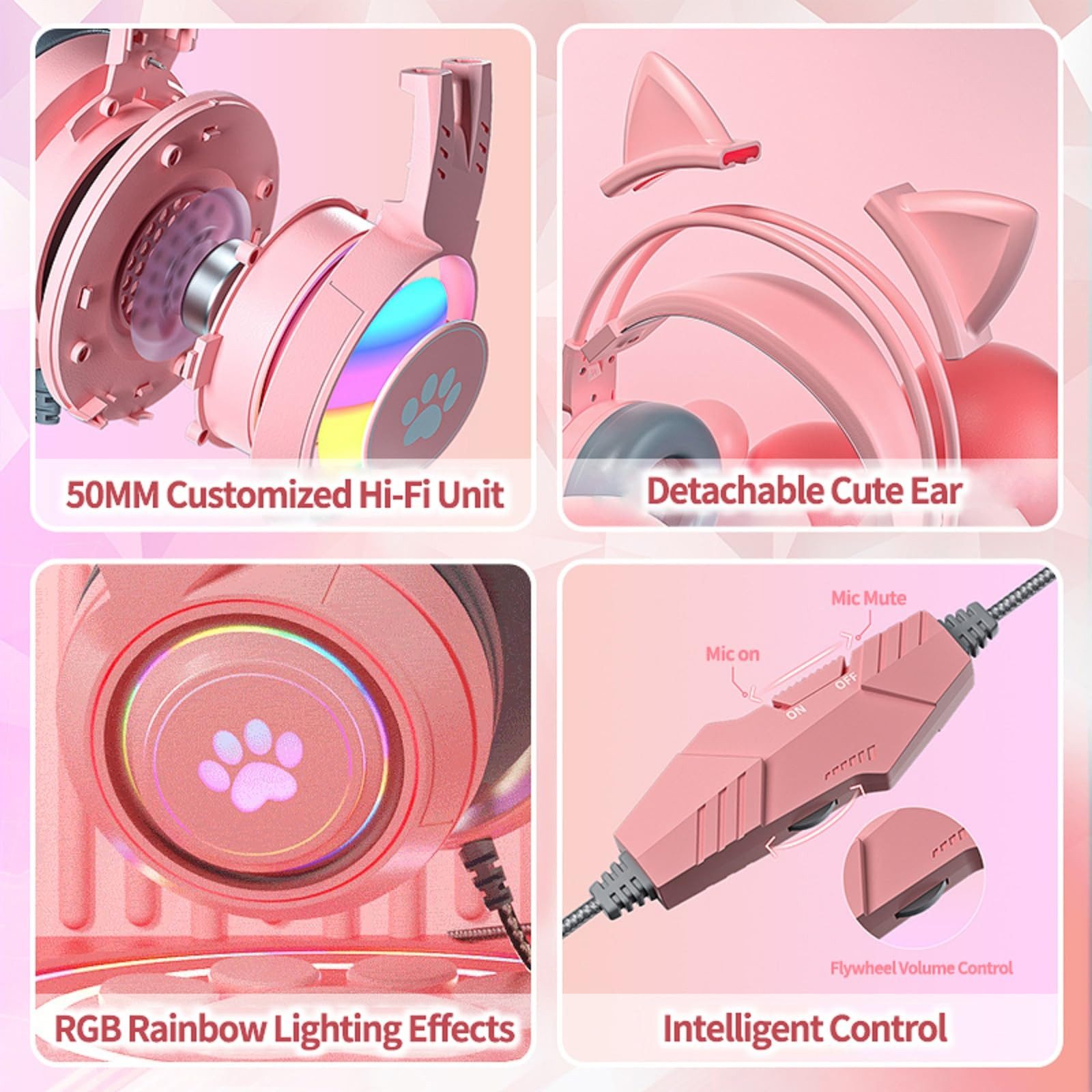 MOPUEA Gaming Headset mit Katzenohren & Mikrofon RGB Licht 3D Surround Sound Gaming-Headset (360° Mikrofon RGB Licht und weicher Komfort Kopfbügel)