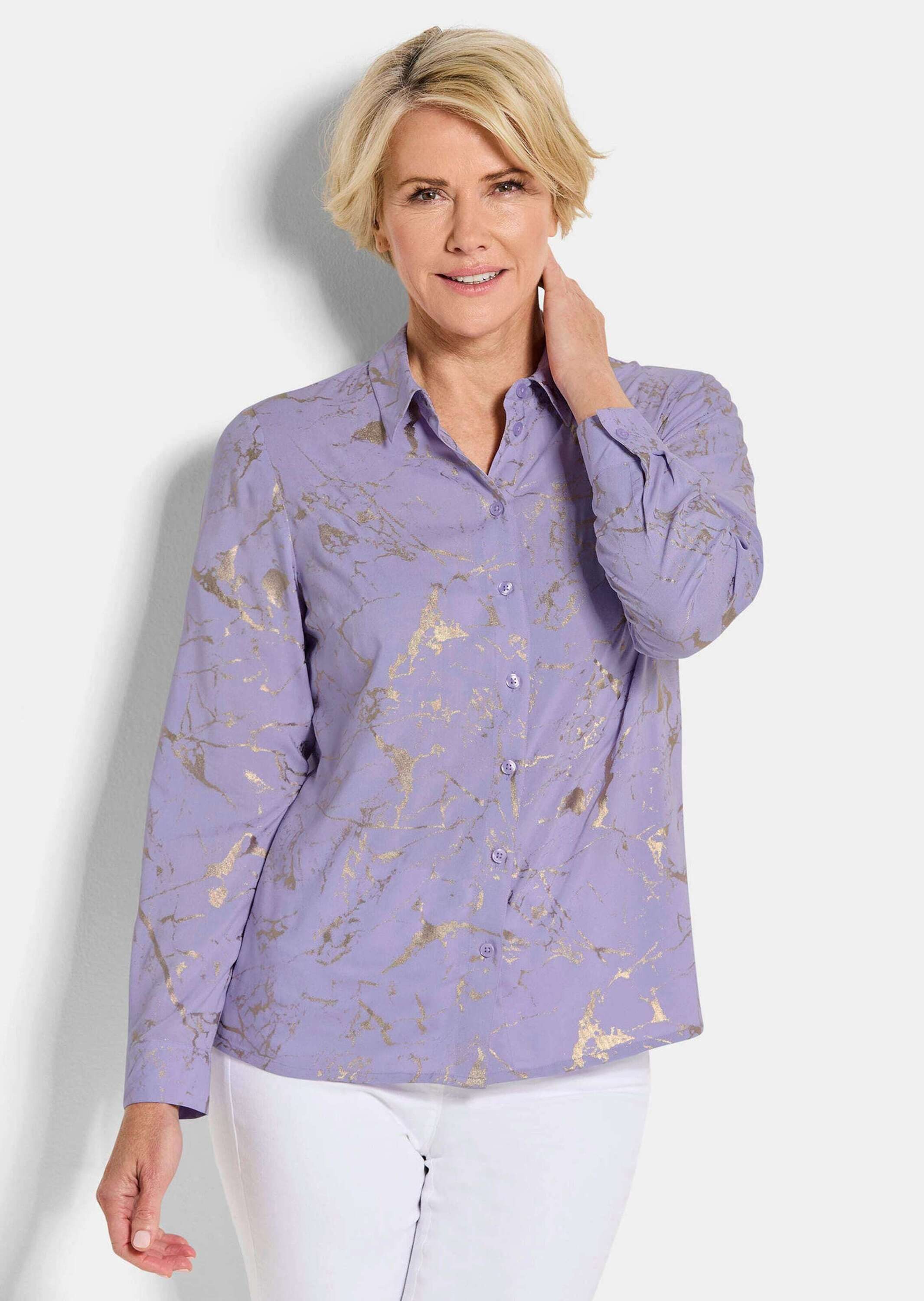 GOLDNER Hemdbluse Druckbluse mit schimmerndem Print Viskosebluse mit Hemdkragen, Knopfleiste und Langarm