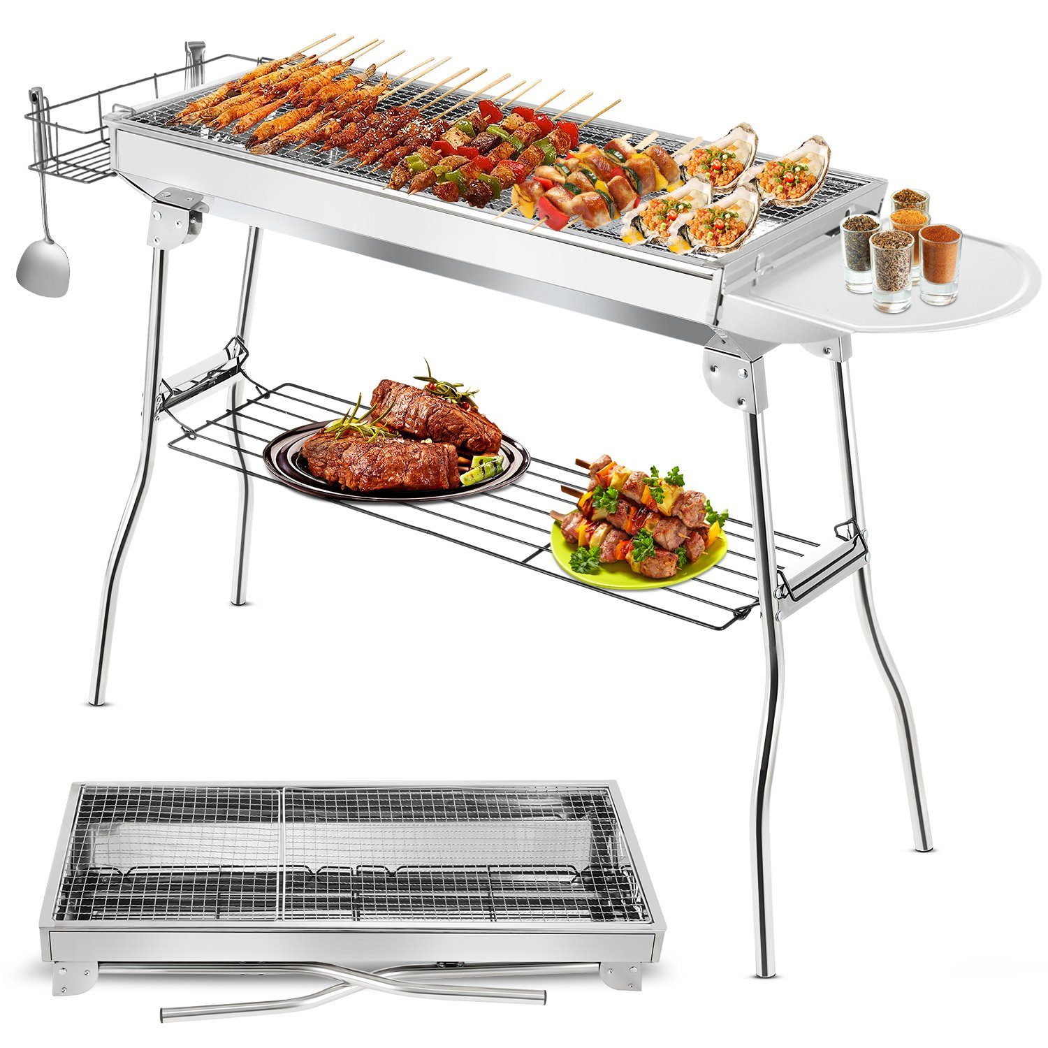 WILGOON Holzkohlegrill Edelstahl Holzkohlegrill, Klappgrill Outdoor BBQ Grills, 130x32x71 cm, Picknickgrill 5-10 Personen Verwendung mit Ablage,Grillpfanne, 2 Grillroste,2 Holzkohle-Trenner,Gewürzkorb,Einfache Holzkohle-Klemme, Tragbarer Standgrilll für Camping, Picknick, Garten und Partys