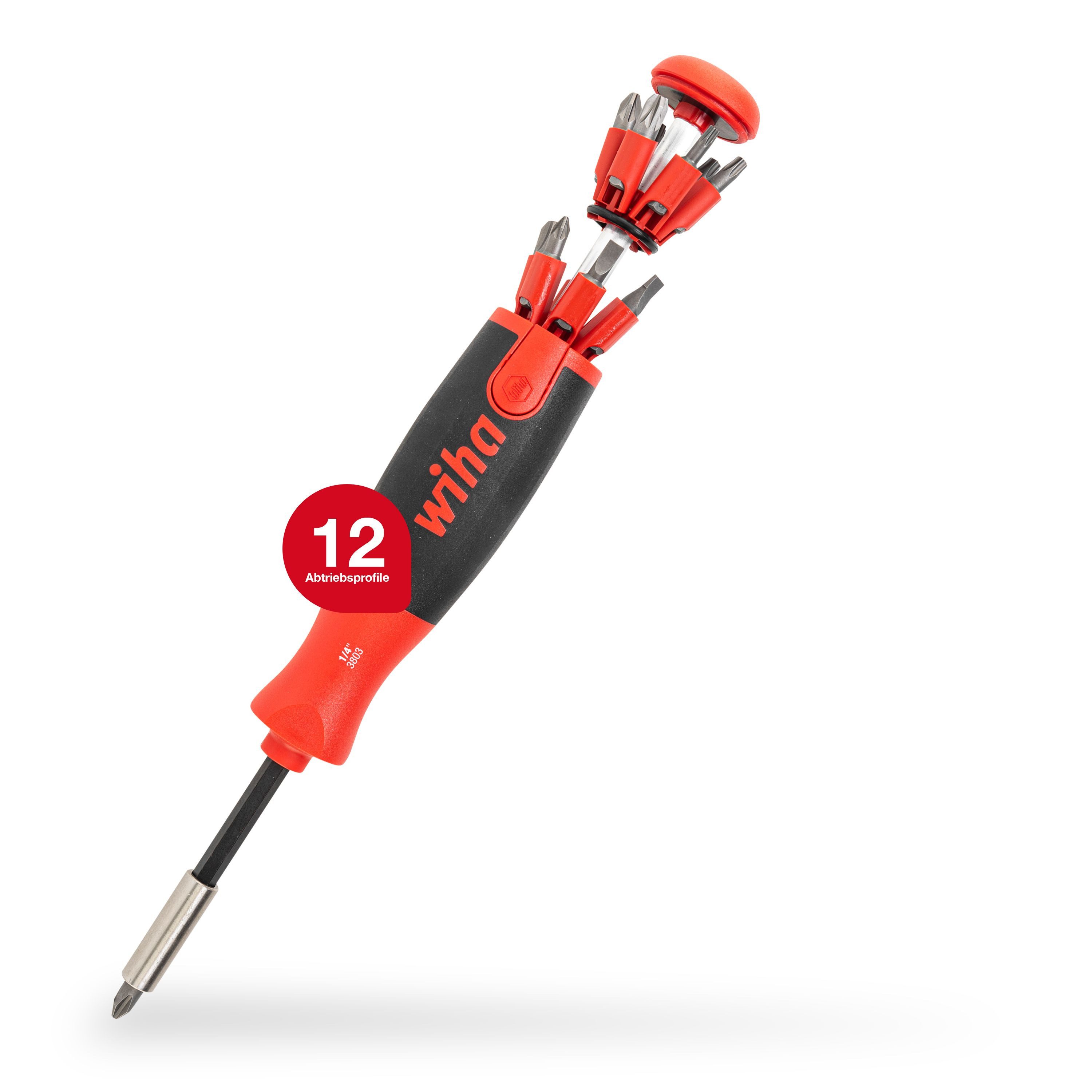 Wiha Schraubendreher LiftUp 25 (38605), mit Bit Magazin aus Standardbits, Bithalter Schlitz Kreuzschlitz TORX