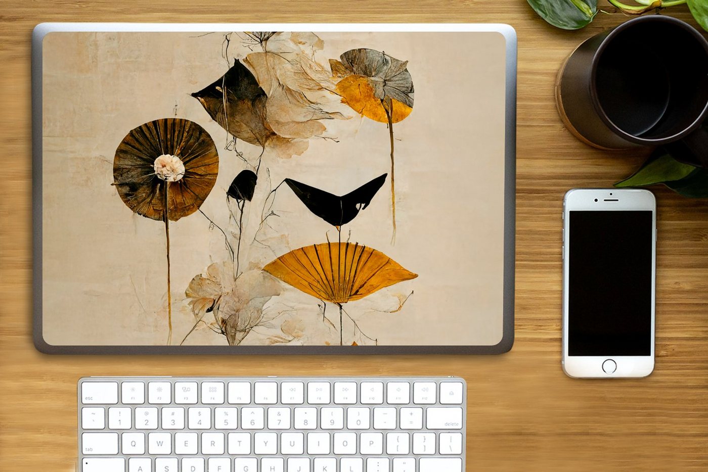 Thumbnail - MuchoWow Laptop-Aufkleber Blumen - Vintage - Pflanzen - Gold