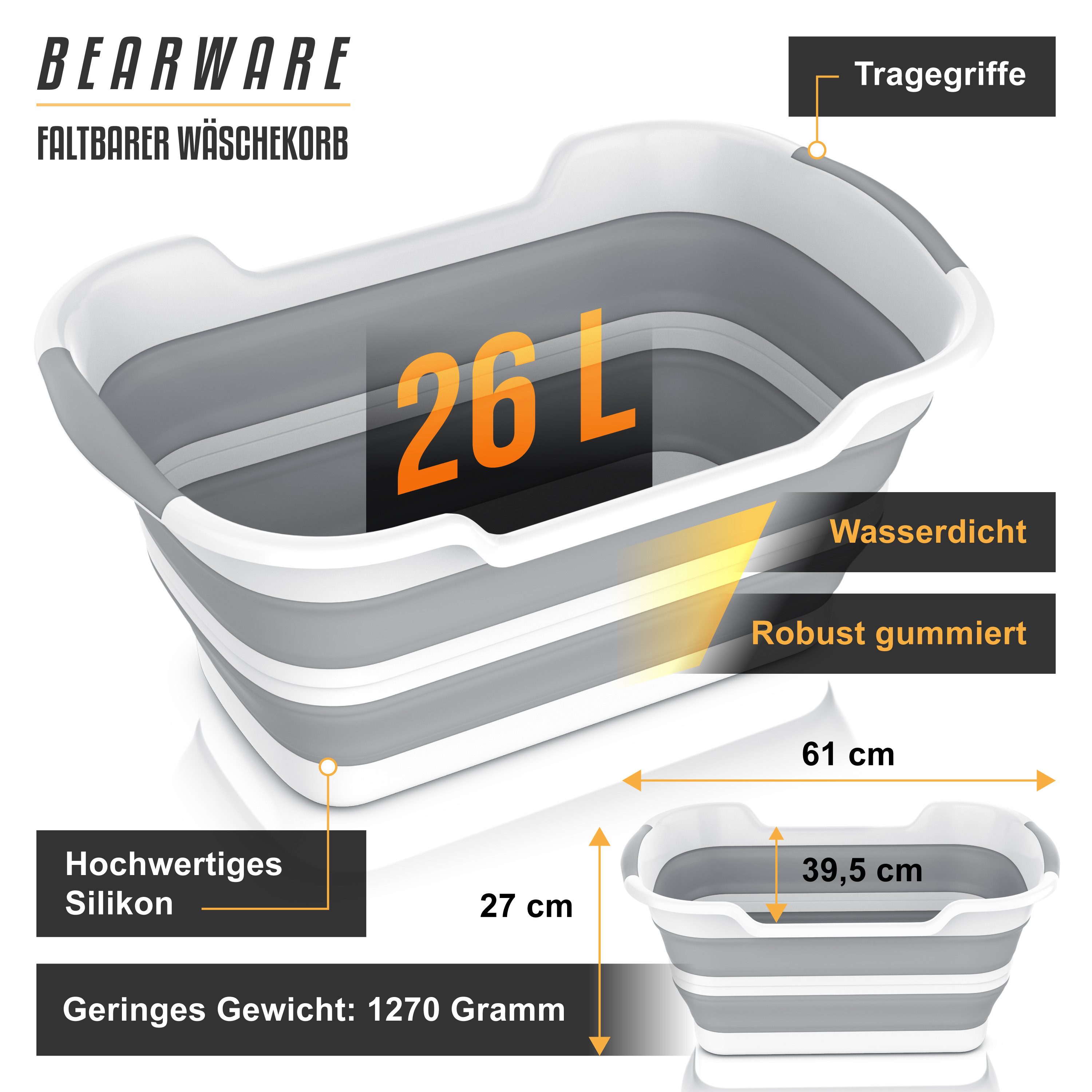 BEARWARE Wäschekorb Faltbarer Wäschekorb 26 l, Wäschewanne mit gummierten Griffen (1 St), faltbar von 27 auf 7 cm, wasserdicht, über 70% Platzersparnis – Bild 2 von 5