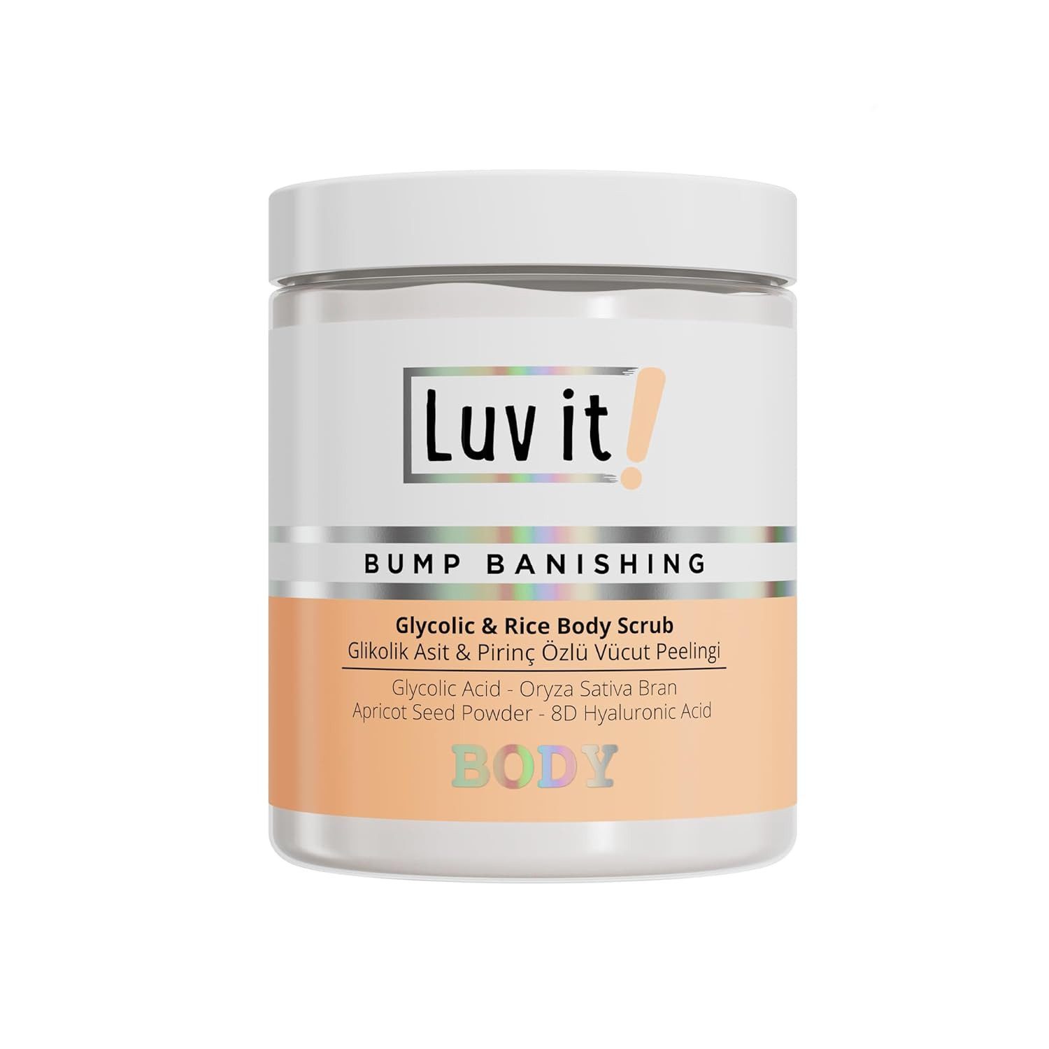 Luv it! Körperpeeling Glykolsäure, mit AHA, Reisextrakt, Hyaluronsäure und Aprikosenkern, 250ml