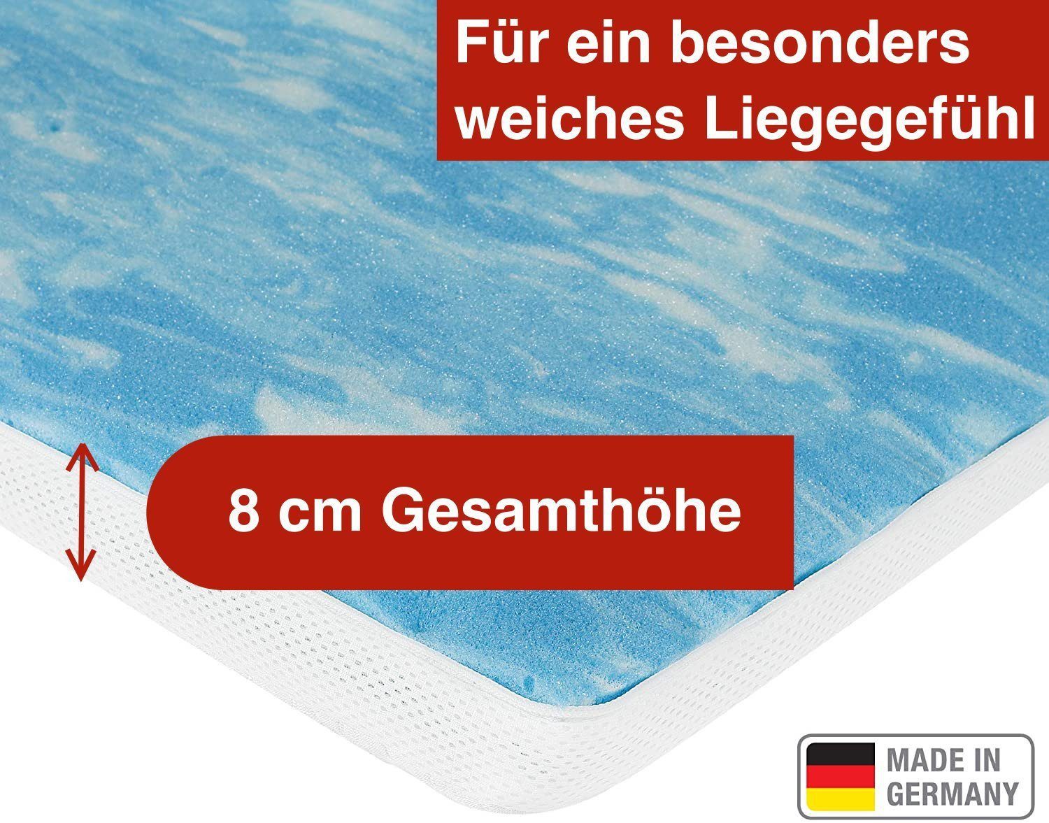 Meos, Topper Gel-Schaum Topper (8 cm), 8 cm hoch, Gelschaum, 90x200 cm, Made in Germany, 4-seitiger Reißverschluss, Klimaband