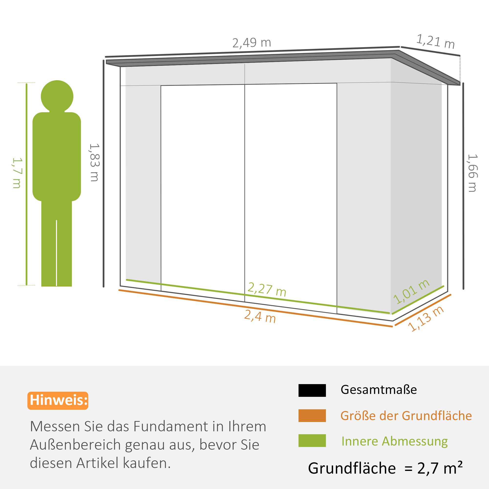 Outsunny Gerätehaus Geräteschuppen mit Pultdach, abschließbarer Doppeltür Schuppen, BxT: 249x121 cm, (Gartenhaus, 1 St., Geräteschuppen), aus Stahl, für Hinterhof, Garten, Grün