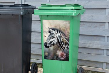 MuchoWow Wandsticker Zebra - Wilde Tiere - Schmetterling - Blumen (1 St), Mülleimer-aufkleber, Mülltonne, Sticker, Container, Abfalbehälter