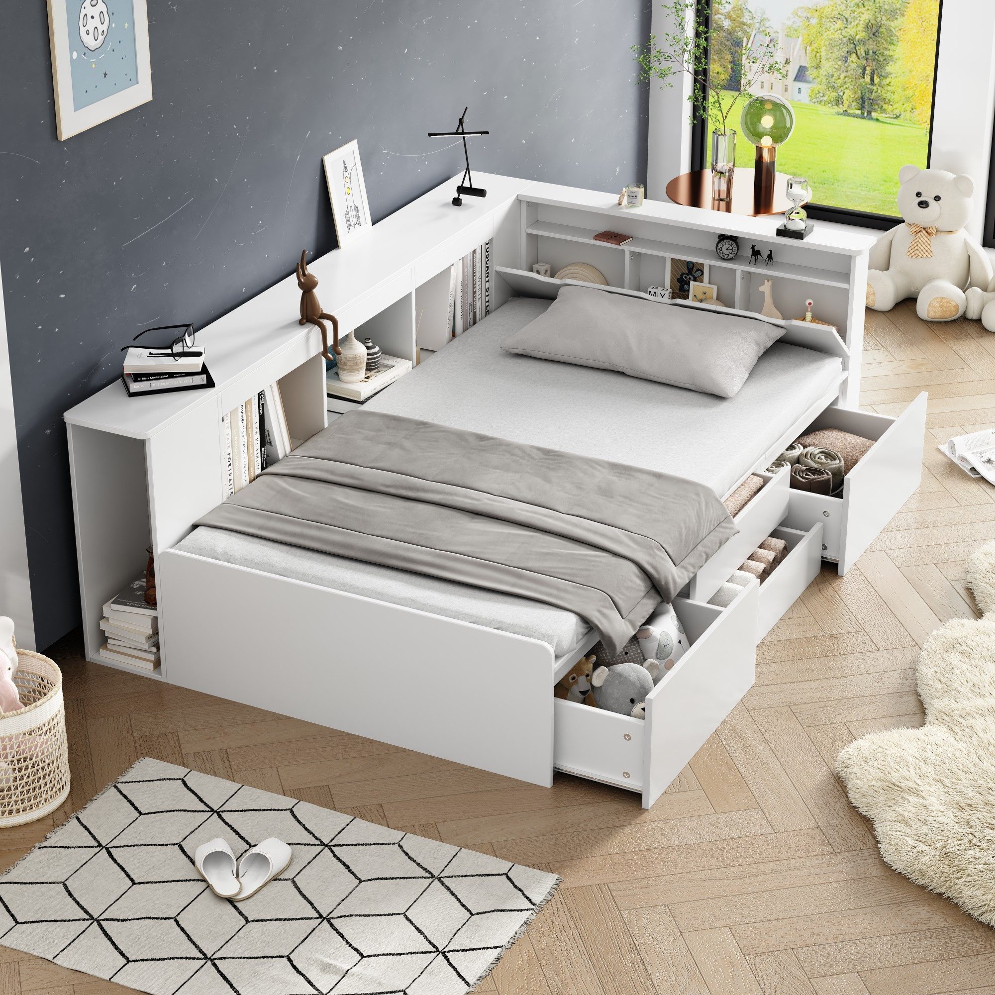 Flieks Kinderbett, Einzelbett 90x200cm, Bettkasten mit Stauraum, 4 Schubladen