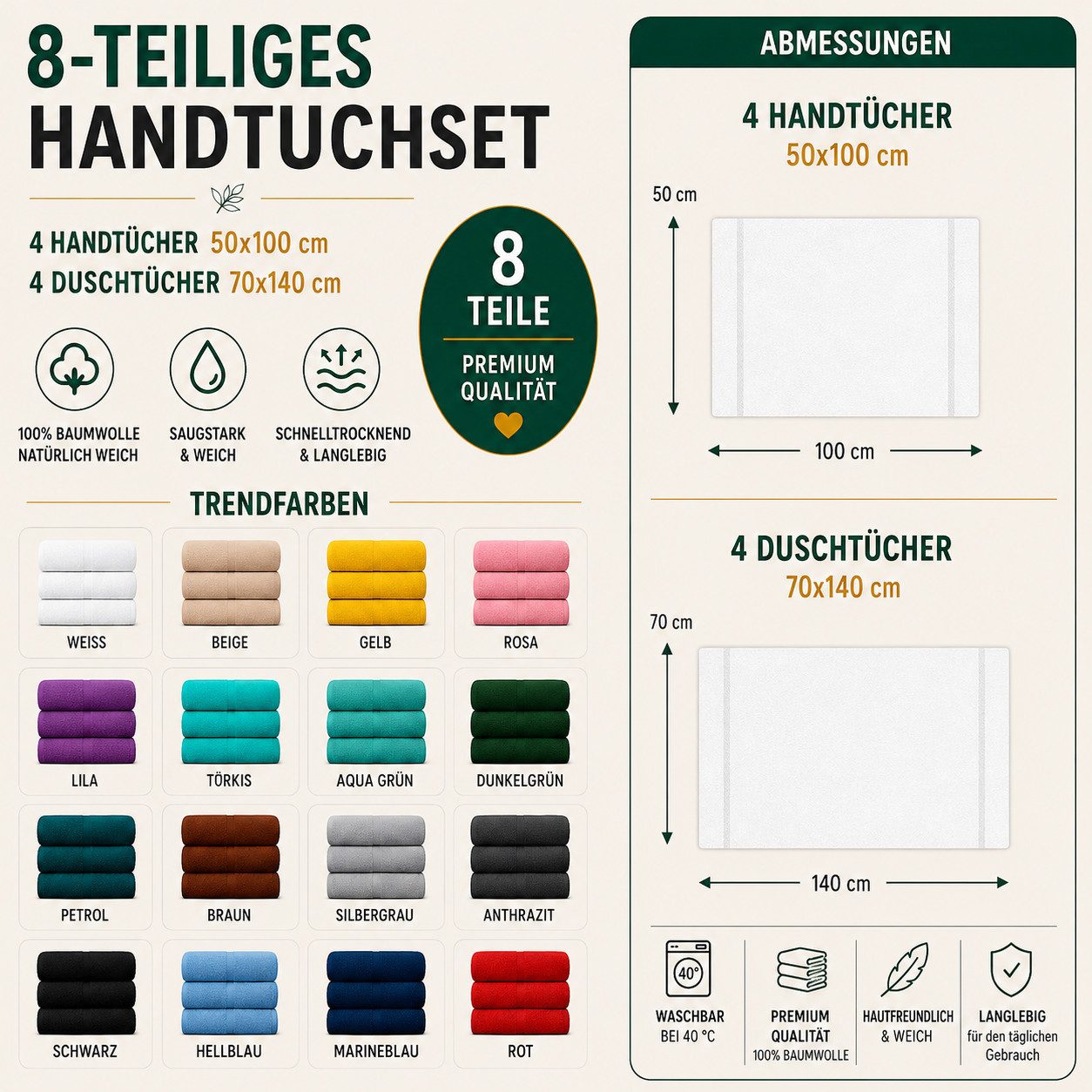 Komfortec Handtuch Set Premium 8x Handtuch & Badetuch Set - 4er 50x100 + 4er 70x140 cm, Frottee (8-St), 100% Baumwolle, Weich, 470 g/m2 – Bild 5 von 5