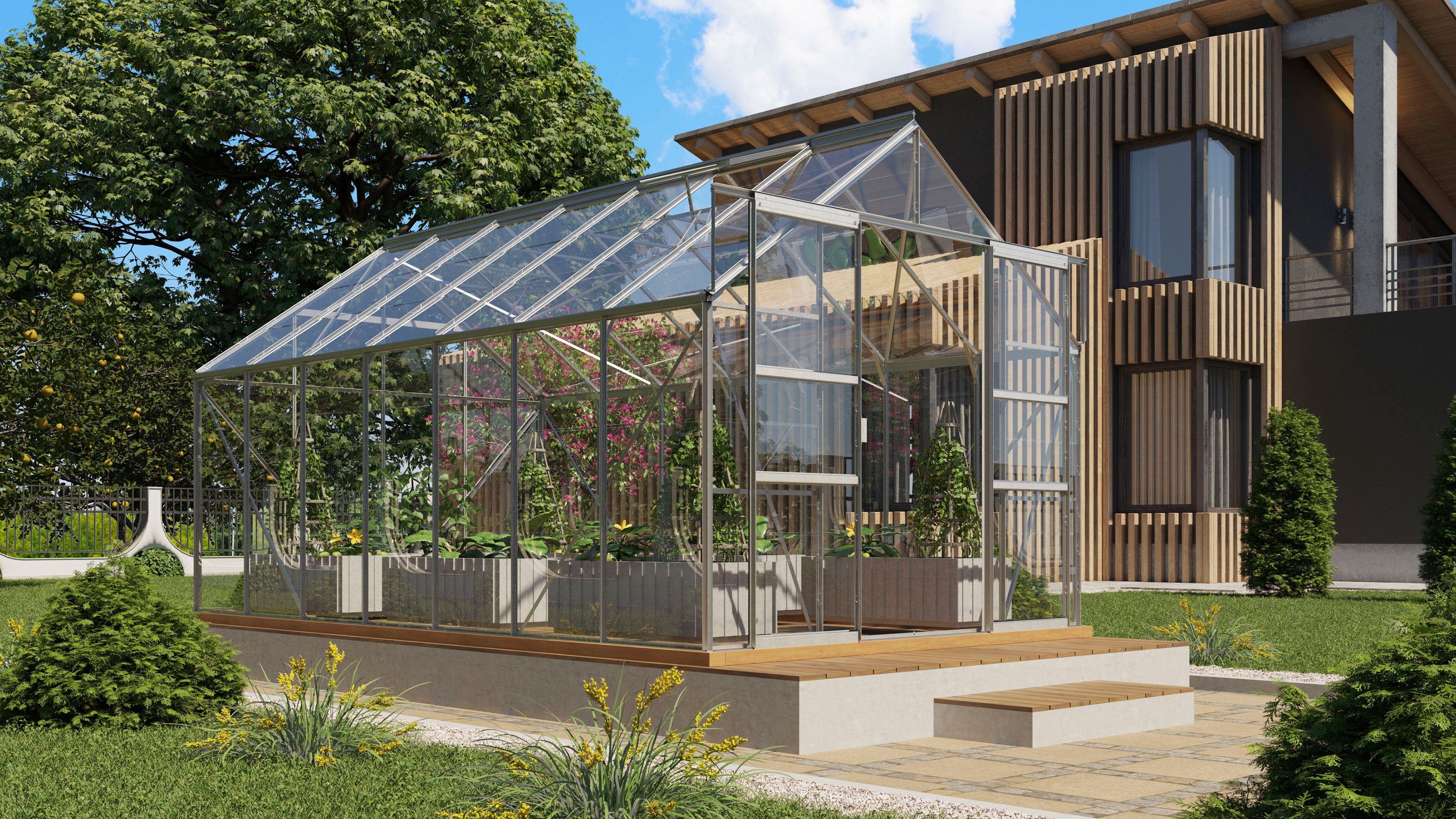 Vitavia Gewächshaus Mars 11500, BxTxH: 257 x 445 x 231,8 cm, 3 mm Wandstärke, Alu-Profile, 3 mm Einscheibensicherheitsglas silberfarben