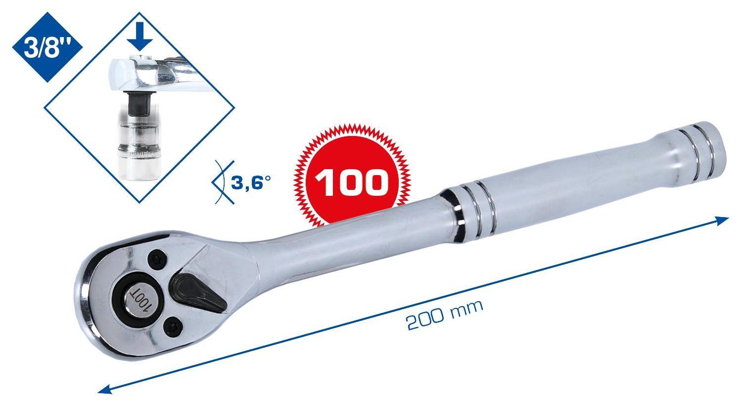 Brilliant Tools 100 Zahn Umschaltknarre Metallgriff, 3/8" mit Umschaltknarre