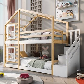 Ulife Etagenbett Hochbett Hausbett Treppe mit 2 Schubladen, Kinderbett mit Speicherung und Rausfallschutz,90 x 200 cm