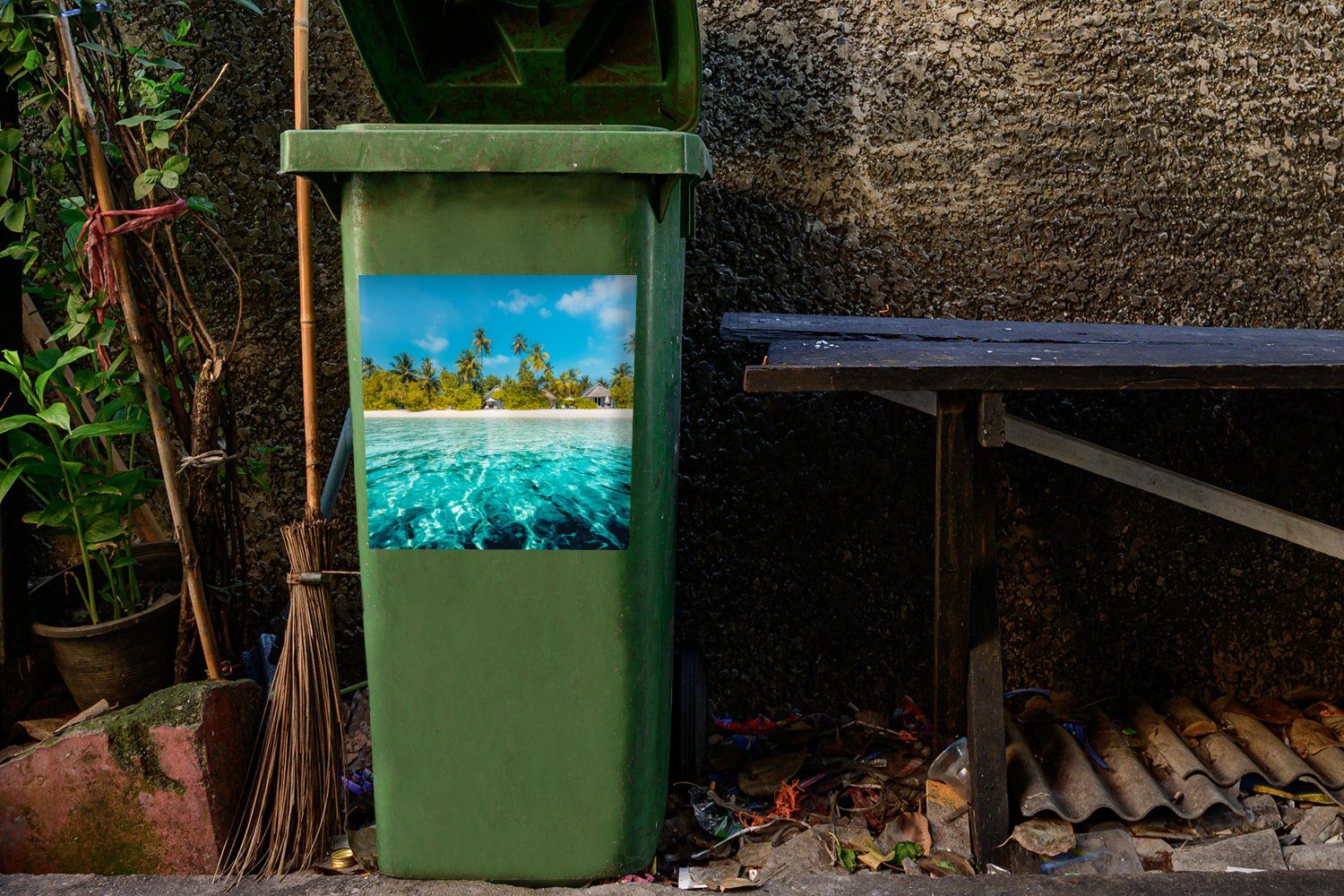 Mülleimer-aufkleber, (1 - Strand Sticker, Wandsticker Meer Palmen St), MuchoWow Mülltonne, - Container, Abfalbehälter