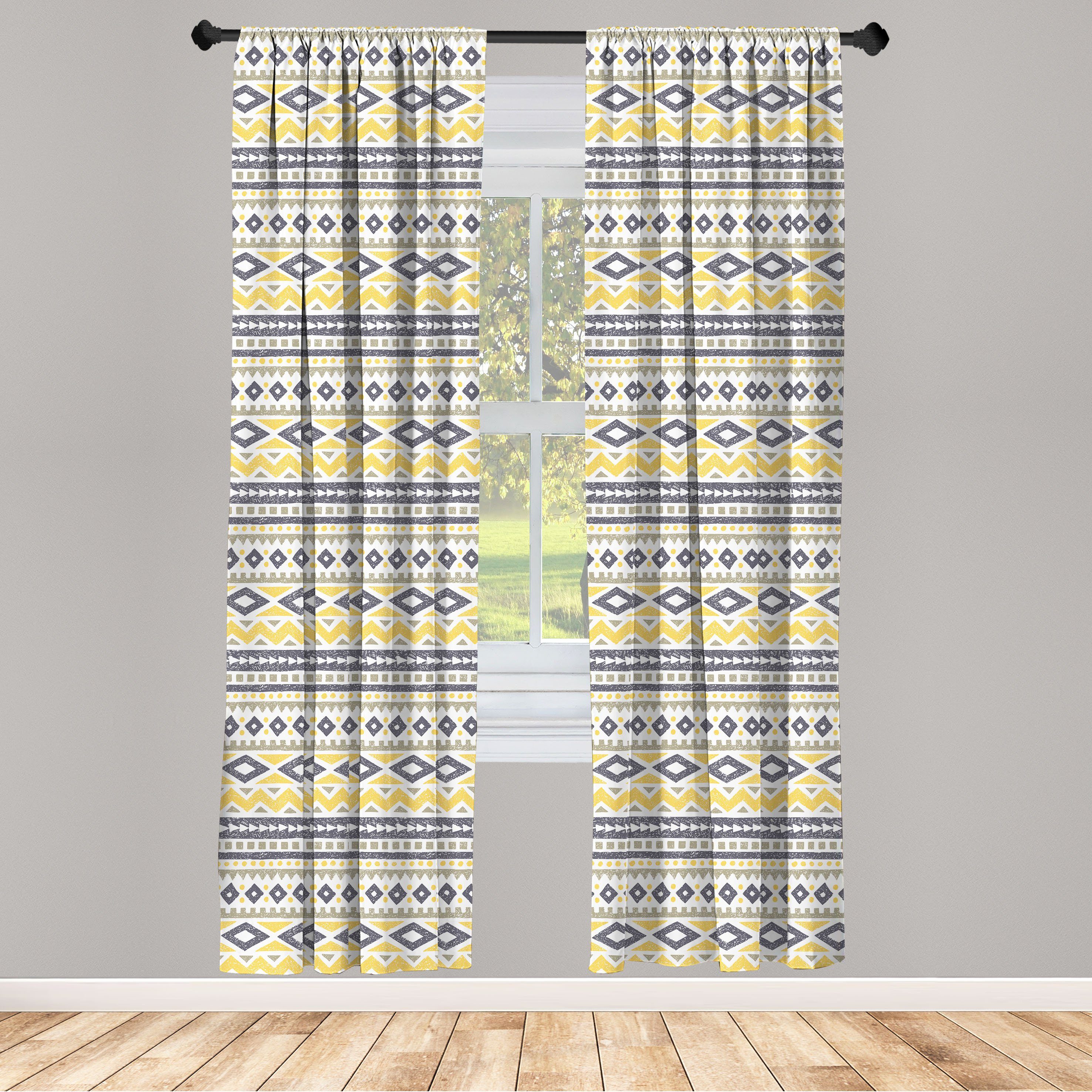 Gardine Vorhang für Wohnzimmer Schlafzimmer Dekor, Abakuhaus, Microfaser, Retro Tribal geometrisches Muster