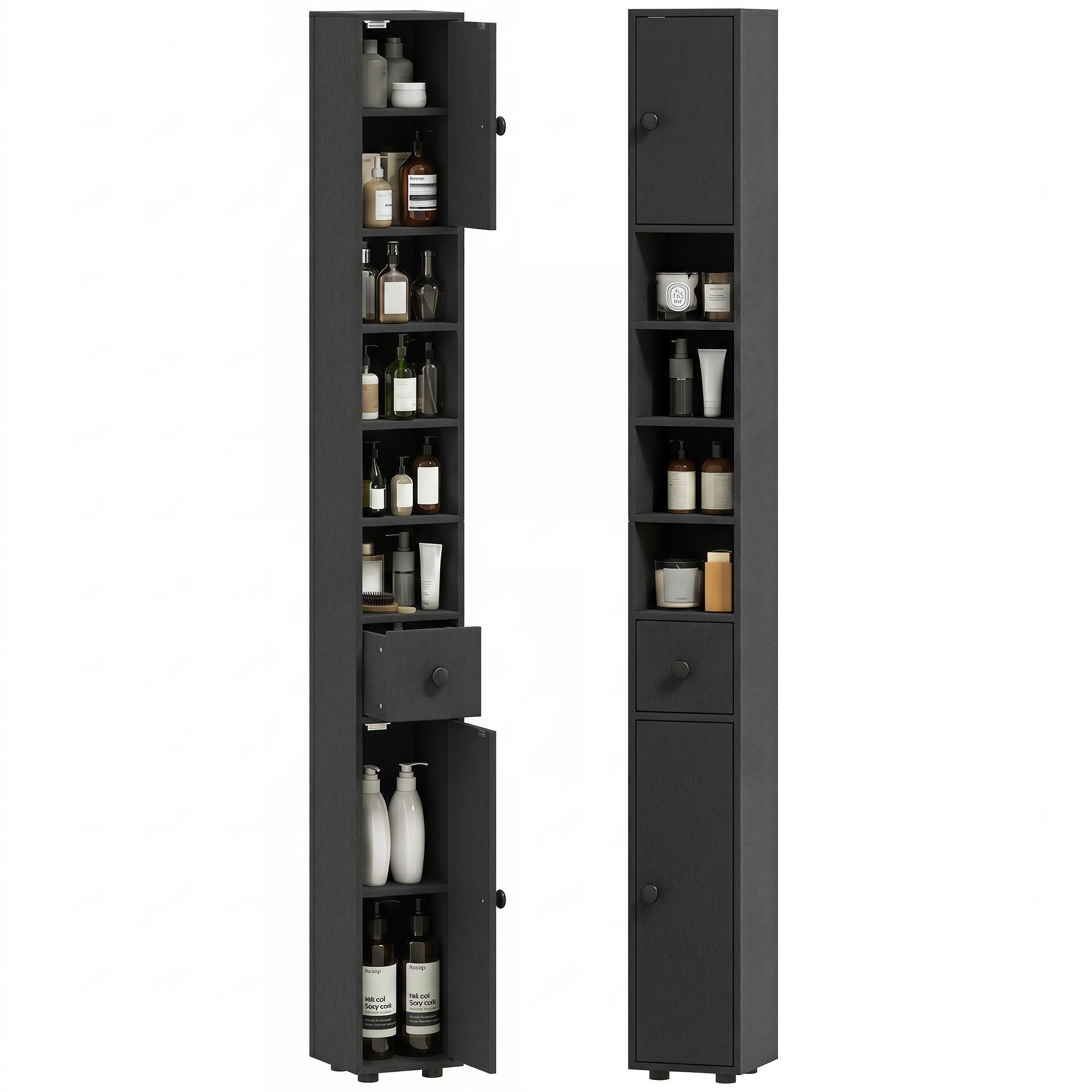 Kleankin Badkommode Hochschrank Toilettenschrank (schmaler Badezimmer-Aufbewahrungsschrank, 1 St., mit Schublade, verstellbaren Regalen), 20 x 20 x 180 cm, Schw – Bild 2 von 5