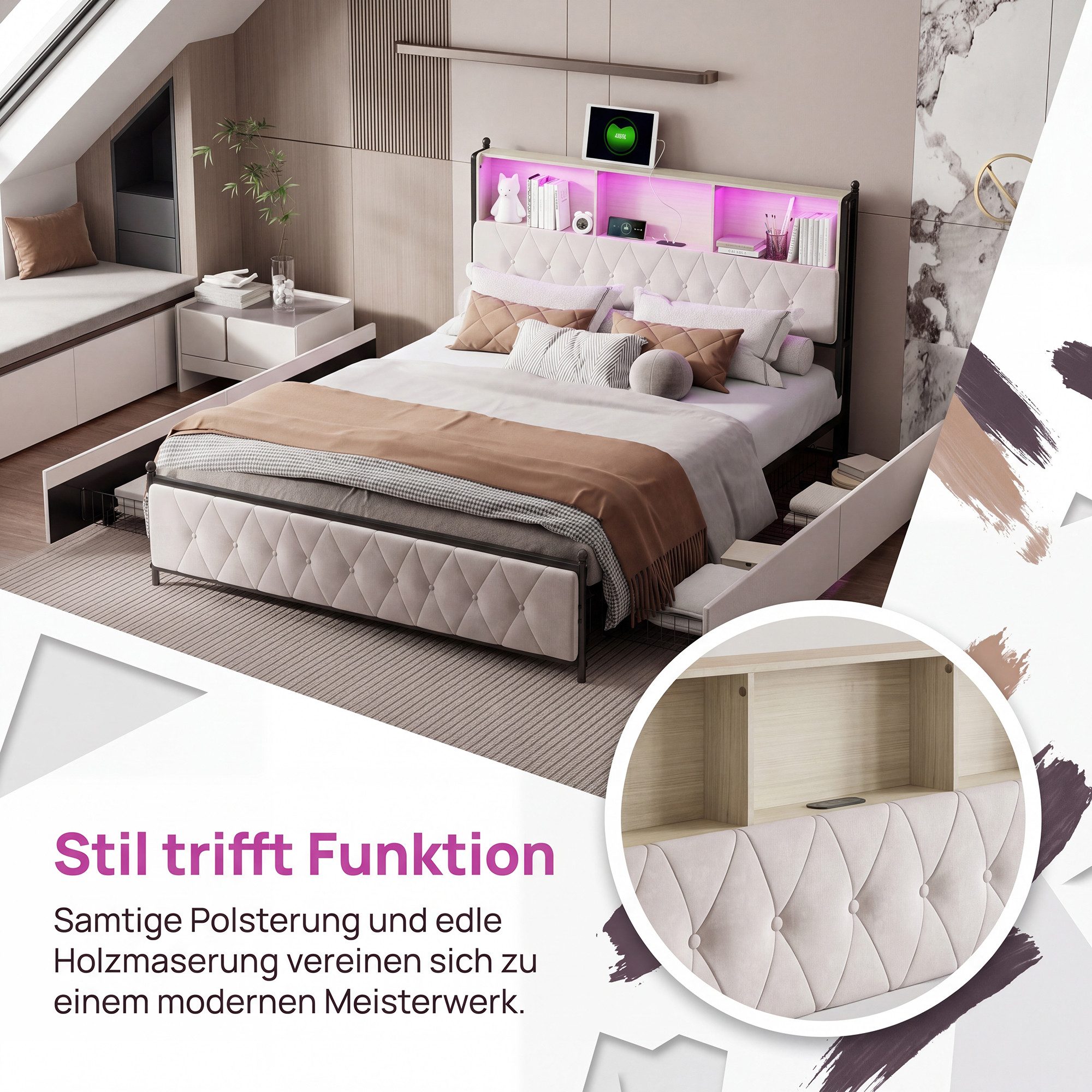ADWOLT Polsterbett Doppelbett Stauraumbett mit 4 Schubladen und USB+Type C-Schnittstellen (Jugendbett, 1-tlg), 140x200 cm,Gepolstert,Schubladen mit Rädern,Samt – Bild 5 von 5
