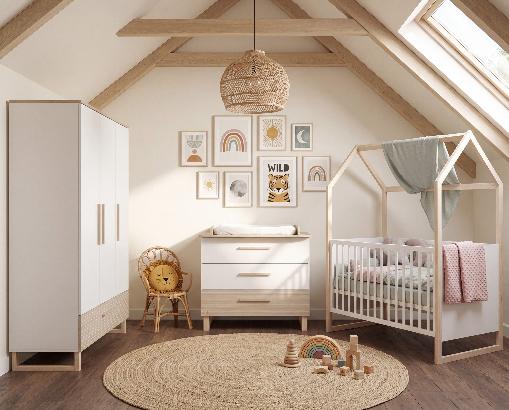 roba® Kleiderschrank Noah - moderner Schrank in Scandi Design fürs Kinderzimmer Griffe und Füße aus Massivholz - Stabiles Design - Walnuss / Weiß