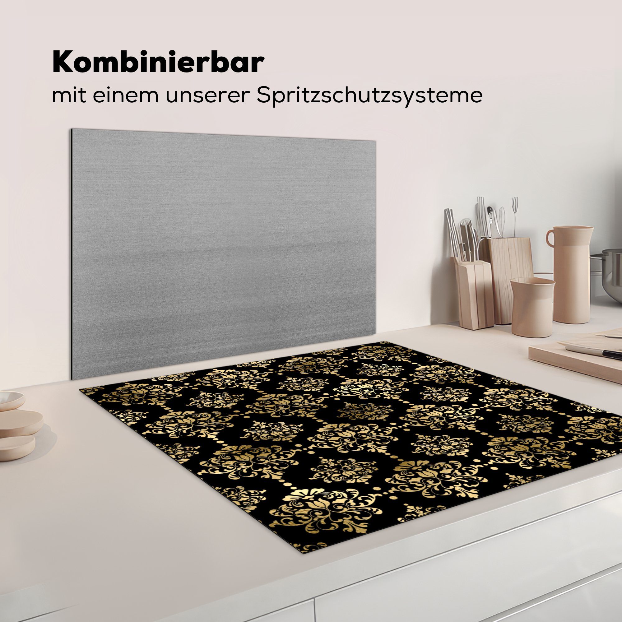 MuchoWow Herdblende-/Abdeckplatte Muster - Barock Vinyl, 78x78 (1 - für cm, tlg), Ceranfeldabdeckung, Gold küche - Schwarz, Arbeitsplatte