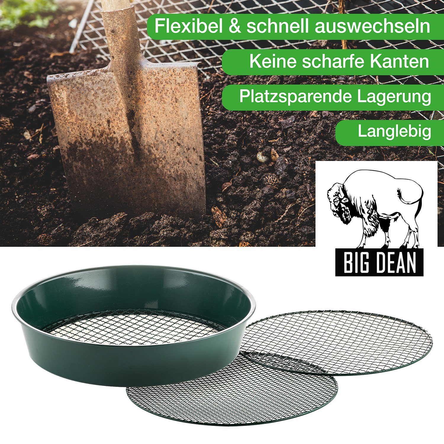 BigDean Gartensieb Metall fein bis grob inkl. 3 austauschbarer Siebeinsätze Erdsieb, Metall, (Set, 1-St., Gartensieb), Dreierlei Einsätze, Vielseitig Einsetzbar, Robustes Marterial