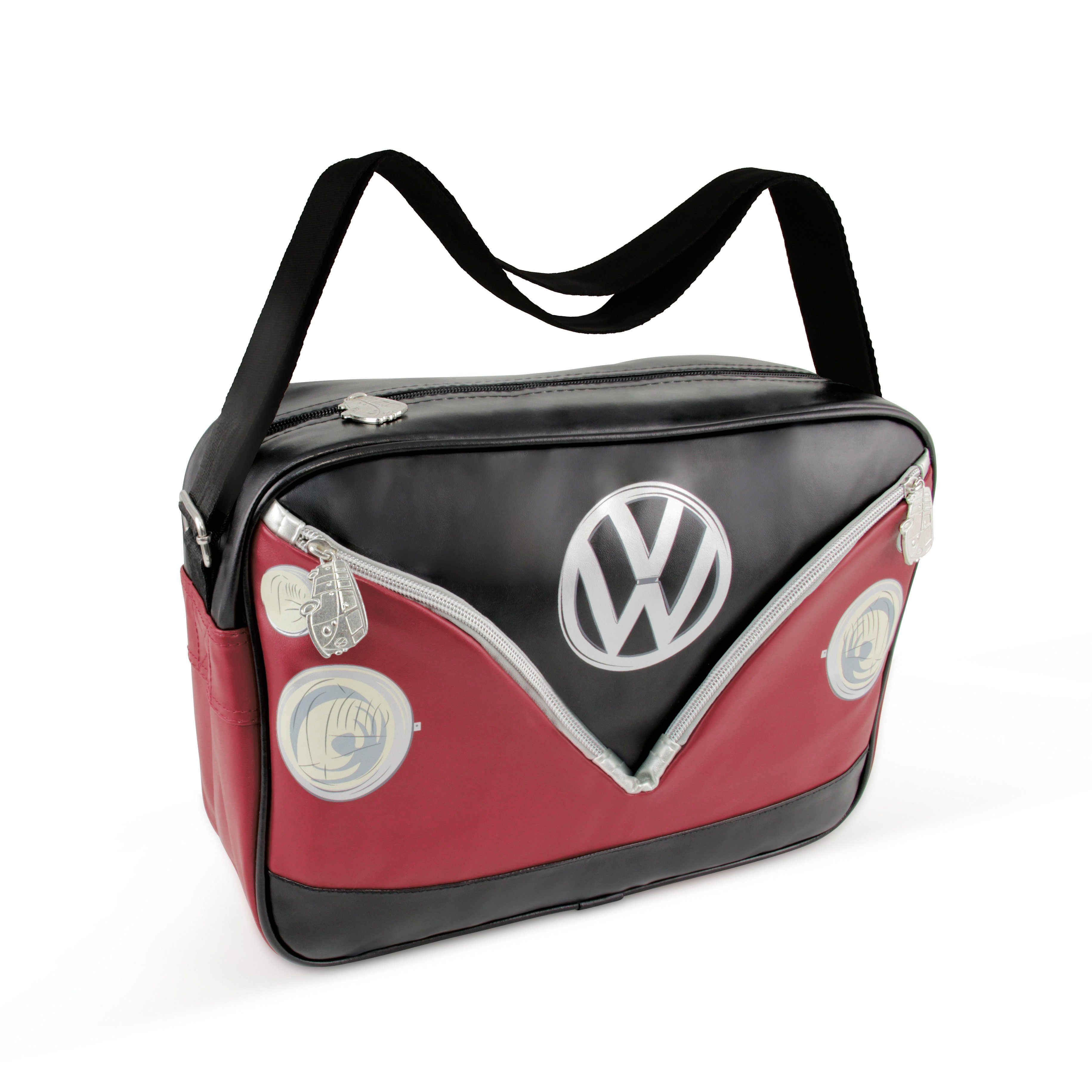 VW Collection by BRISA Schultertasche Volkswagen Umhängetasche, im VW T1 Bulli Design, Freizeittasche mit coolen Reißverschlüssen Rot