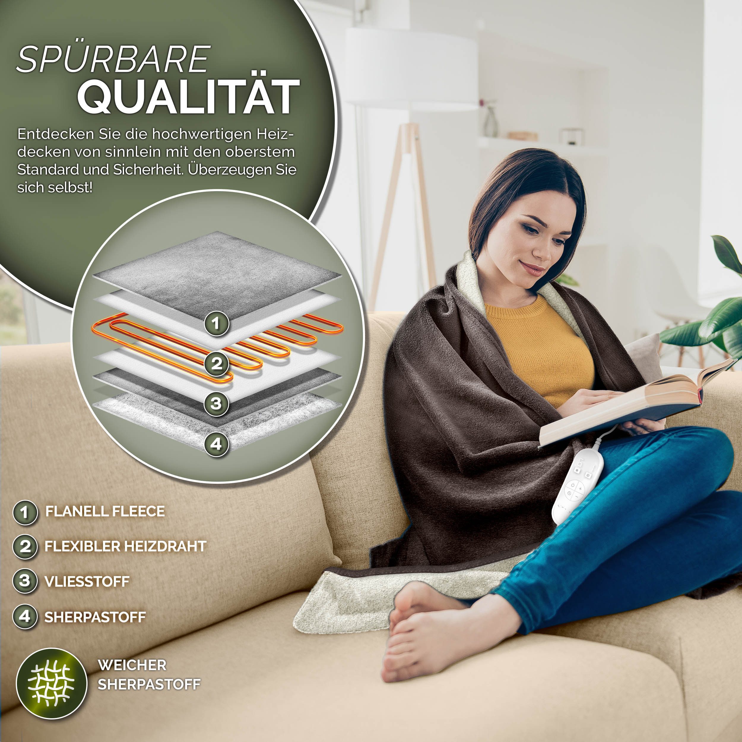 sinnlein Heizdecke mit Abschaltautomatik Elektrische Wärmedecke, mit 9 Temperaturstufen Kuscheldecke Bett, Sofa, Decke elektrisch mit Timer Digitalanzeige, 9 Temperaturstufen