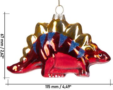 BRUBAKER Christbaumschmuck Kunstvolle Weihnachtskugel Rot-blauer Dinosaurier, mundgeblasene Weihnachtsdekoration aus Glas, handbemalt - 11.5 cm