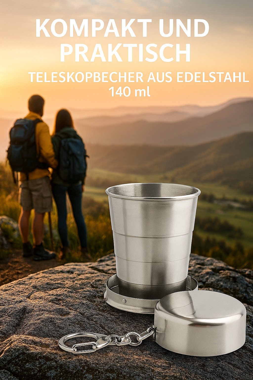 hausleben Becher Teleskopbecher 140ml aus Edelstahl 5 tlg., 5-tlg., Faltbar mit Deckel & Karabiner, Rostfrei & Wiederverwendbar