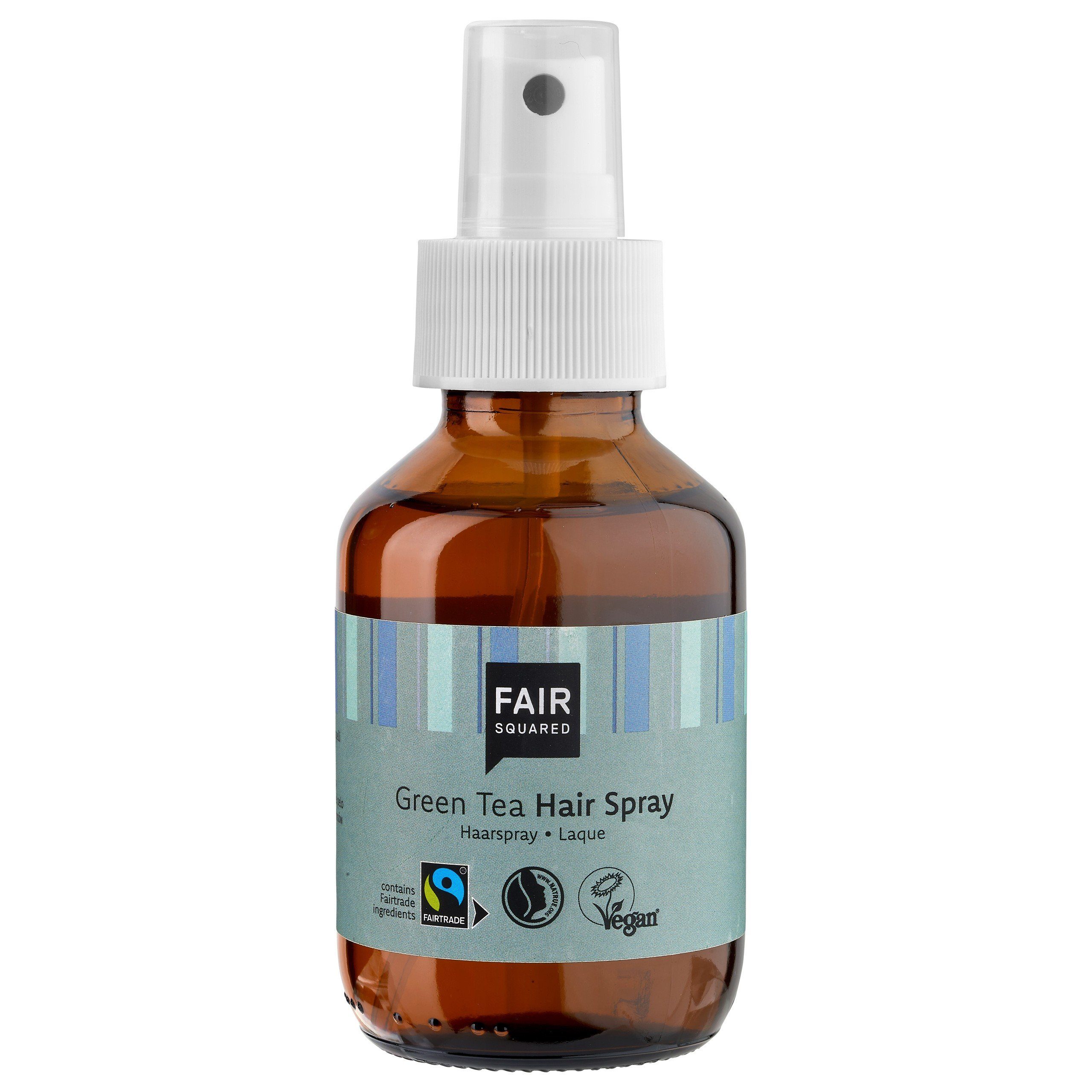 vegane FAIR fair Inhaltsstoffe Tee Grünem Haarpflege-Spray mit Haarspray Extrakt- und Flasche, Fair natürliche, Haarstyling Squared Glasflasche, in nachhaltiges 1-tlg., gehandelte der SQUARED Flasche, enthält