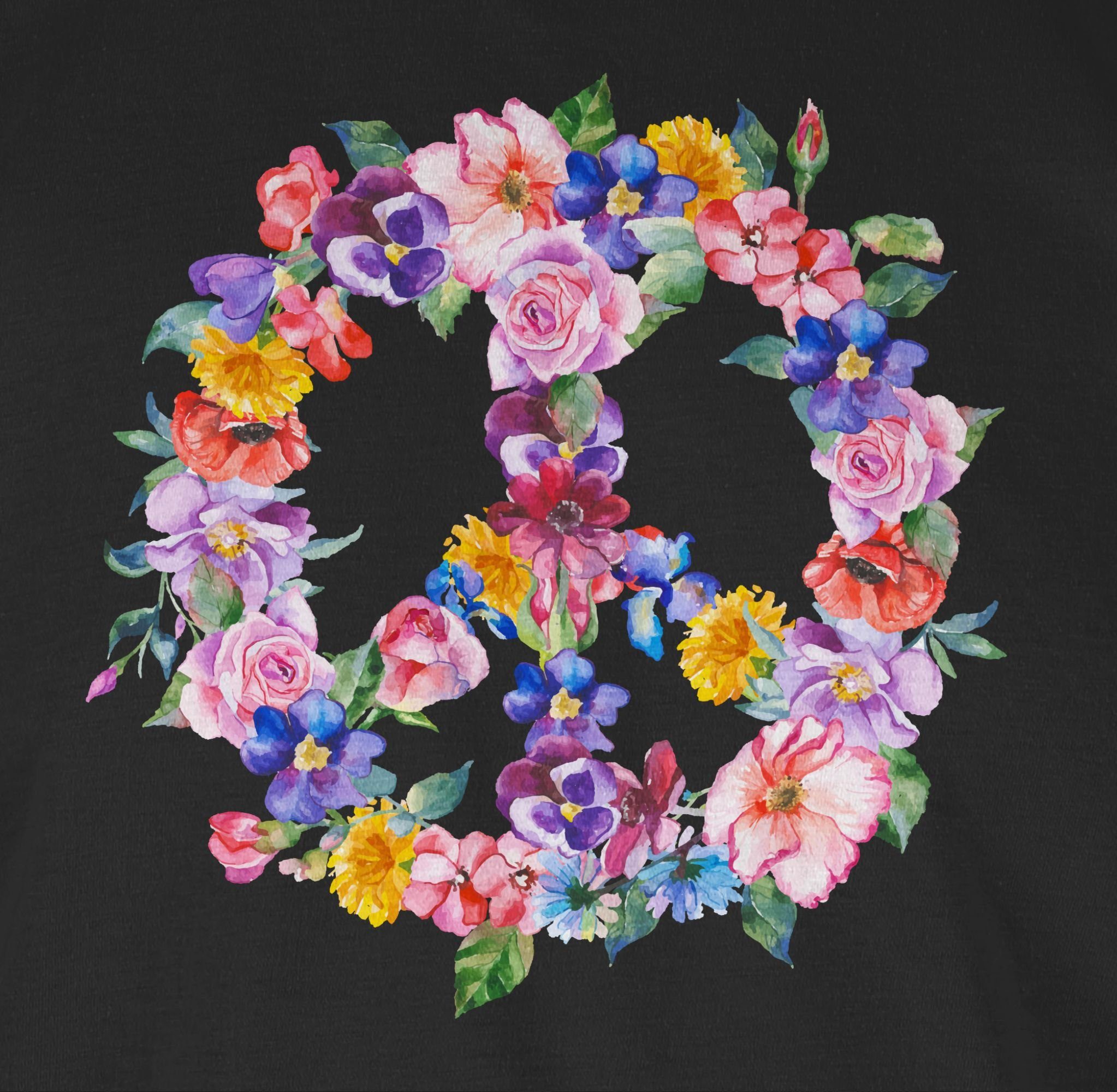 Schwarz mit Blumen Zeichen Statement Peace 1 Sprüche bunten T-Shirt Shirtracer