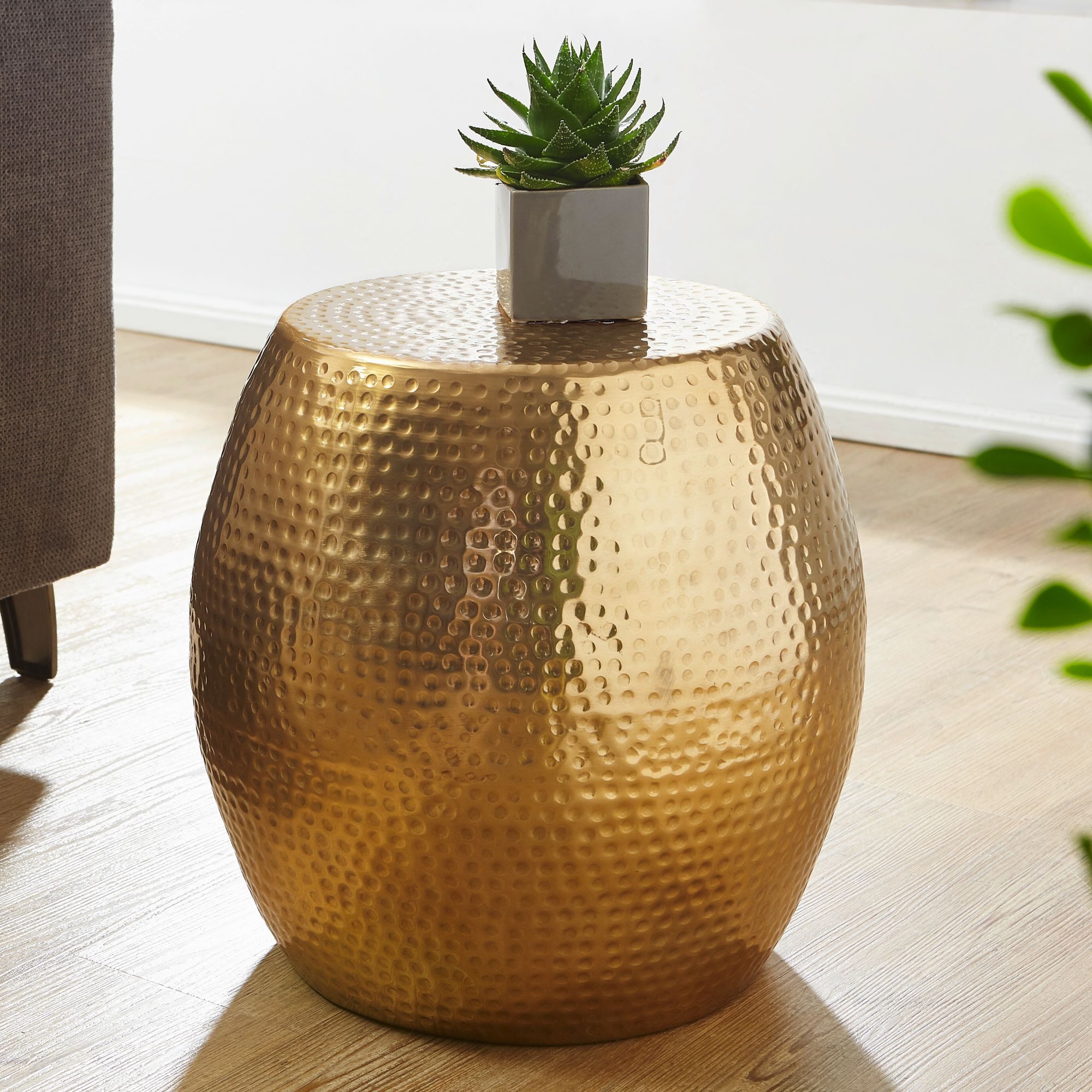 FINEBUY Beistelltisch SuVa12242_1 Aluminium Dekotisch Ø 42 cm rund Ablagetisch Metall (42x42x42 cm Aluminium Hammerschlag Gold Rund), Sofatisch Orientalisch, Kleiner Wohnzimmertisch