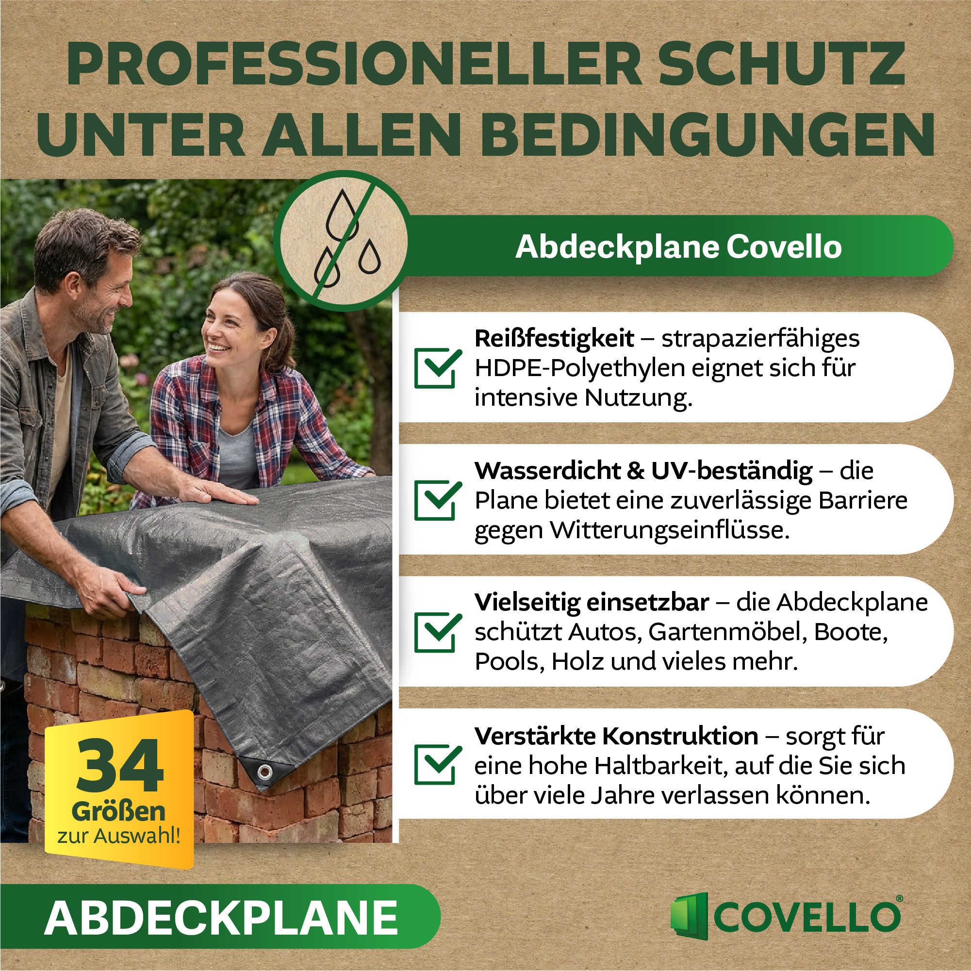 Covello Schutzplane 90g/m² silber, Abdeckplane mit Ösen wasserdicht, Plane UV-stabilisiert in vielen verschiedenen Farben & Größen
