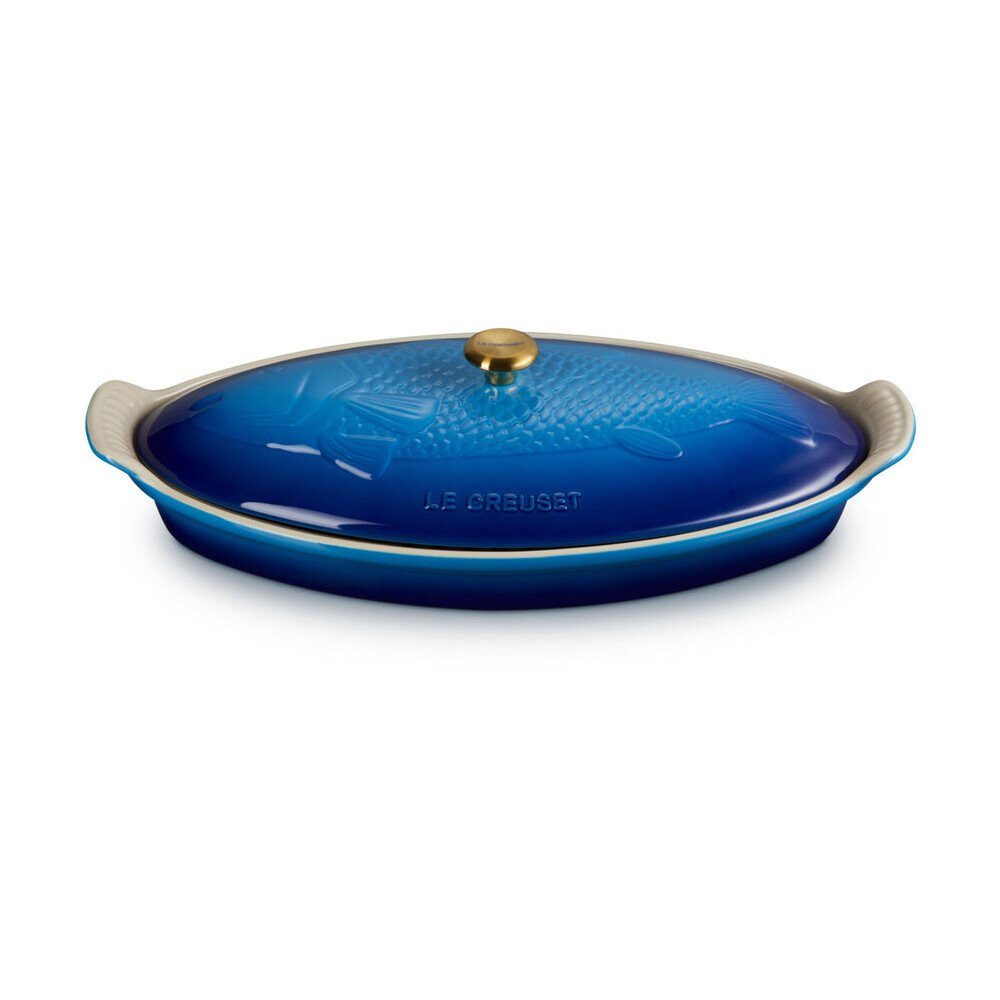 LE CREUSET Backform Fischbackform mit Deckel 34 cm Tradition Azure, Fischbräter, Fischform mit Deckel, geriffelter Boden, blau