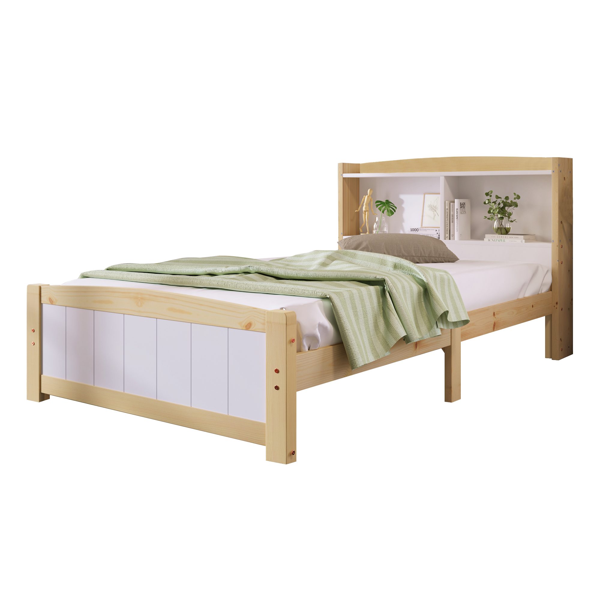 Flieks Massivholzbett, Einzelbett mit Stauraum-Kopfteil 90x200cm günstig online kaufen